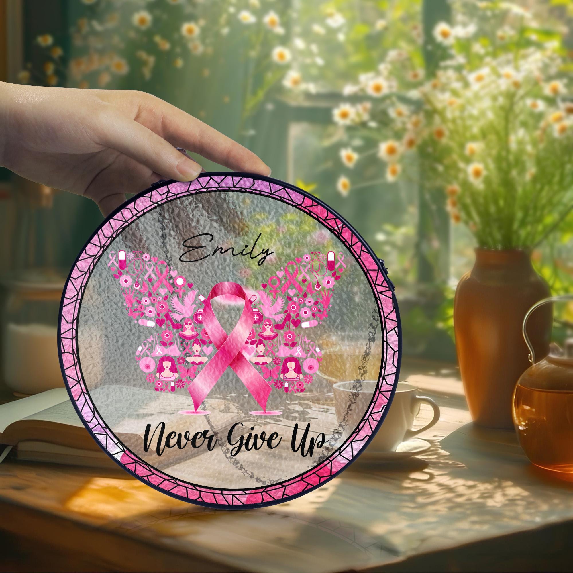 Personalized Breast Cancer Awareness Stained Glass Suncatcher, Pink Ribbon Angel Wings Window Hanging, Survivor Gift, Never Give Up Decor