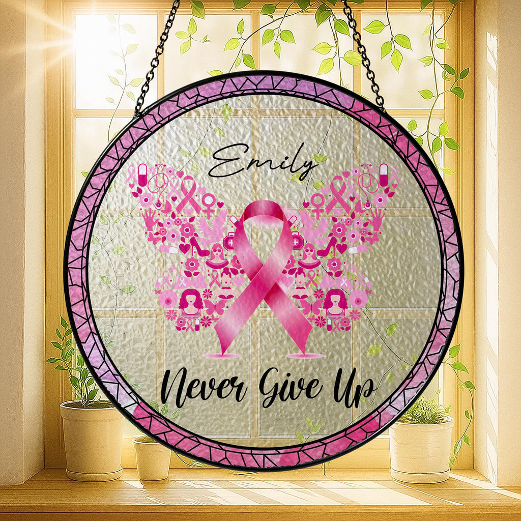 Personalized Breast Cancer Awareness Stained Glass Suncatcher, Pink Ribbon Angel Wings Window Hanging, Survivor Gift, Never Give Up Decor