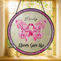 Personalized Breast Cancer Awareness Stained Glass Suncatcher, Pink Ribbon Angel Wings Window Hanging, Survivor Gift, Never Give Up Decor