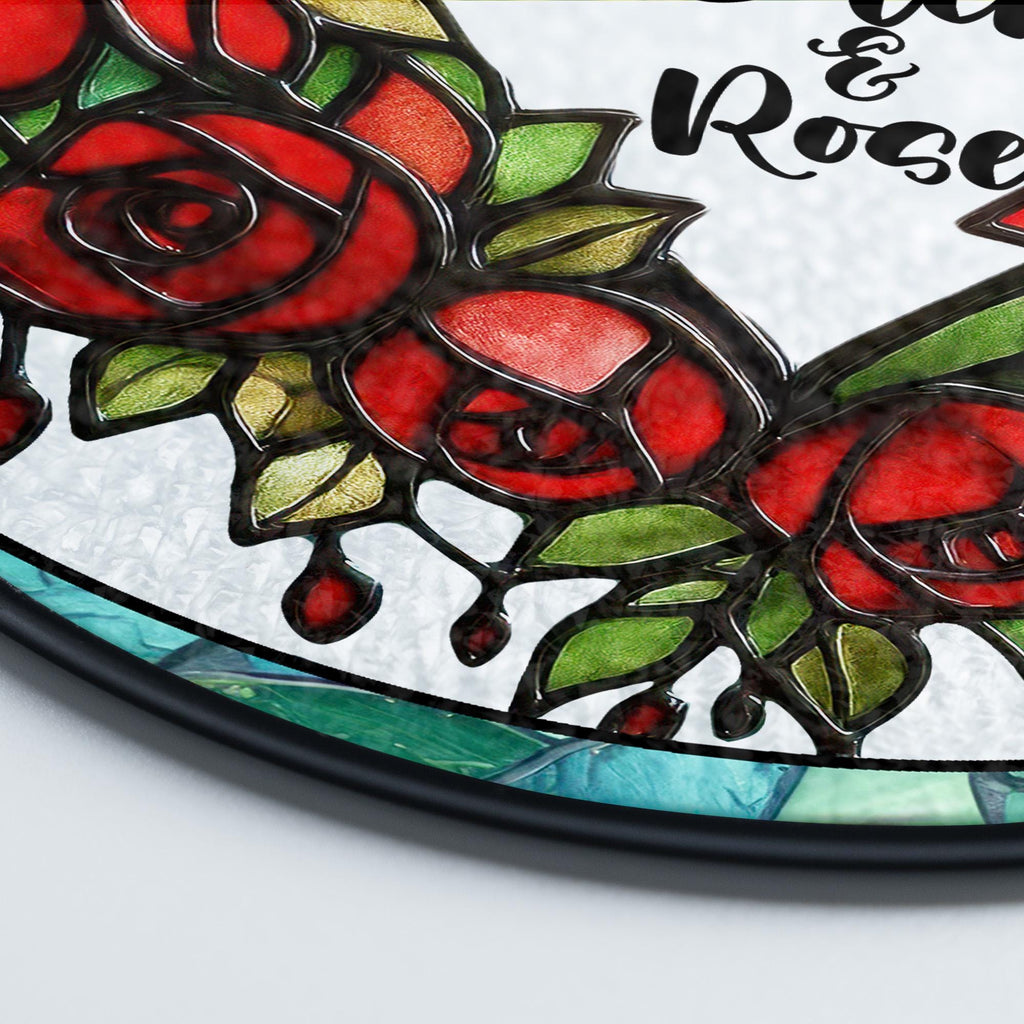 Personalized Stained Glass Rose Heart Suncatcher, Custom Name Red Roses Window Hanging Gift, Romantic Anniversary Wedding Decor