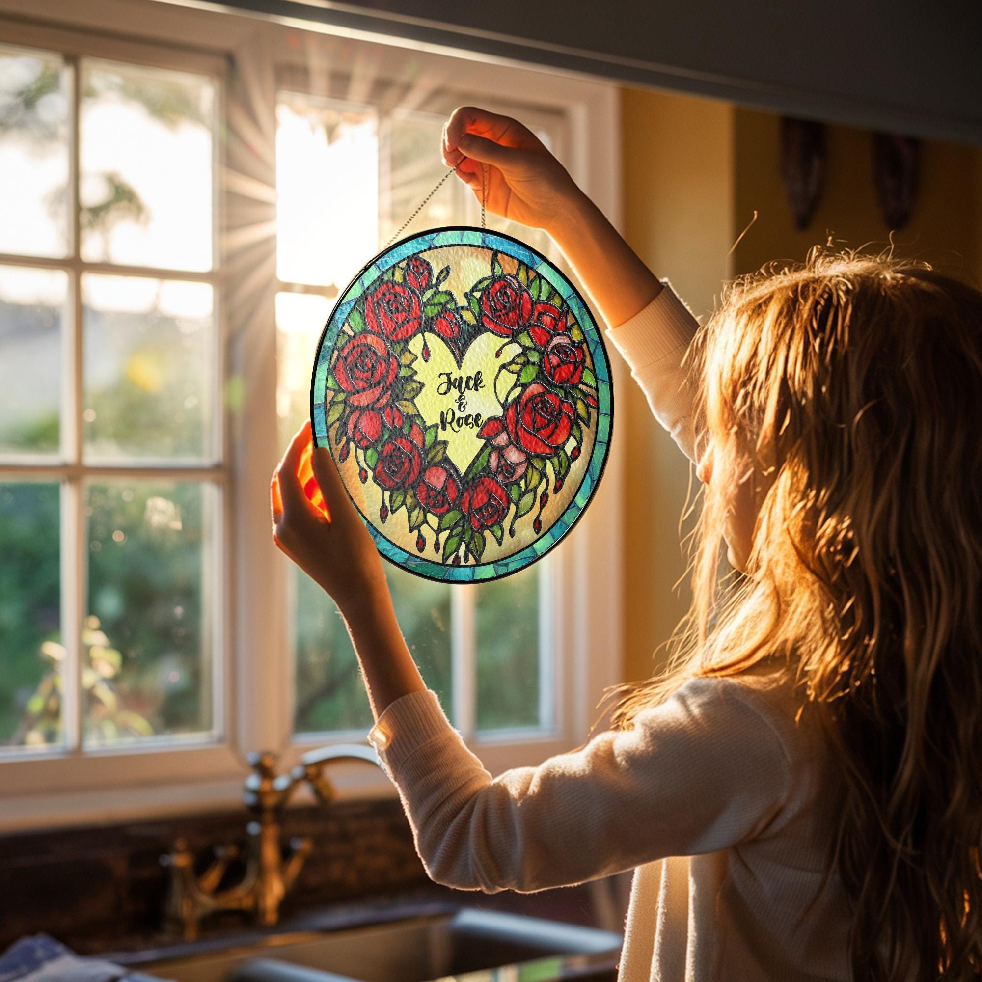 Personalized Stained Glass Rose Heart Suncatcher, Custom Name Red Roses Window Hanging Gift, Romantic Anniversary Wedding Decor