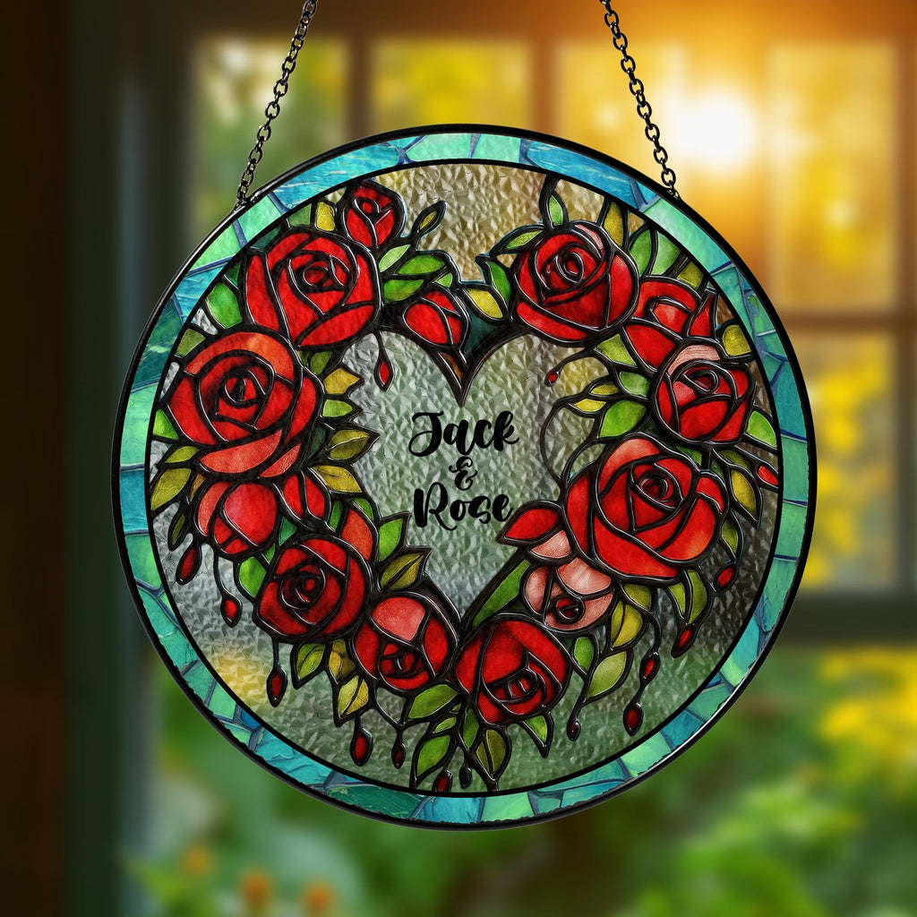 Personalized Stained Glass Rose Heart Suncatcher, Custom Name Red Roses Window Hanging Gift, Romantic Anniversary Wedding Decor