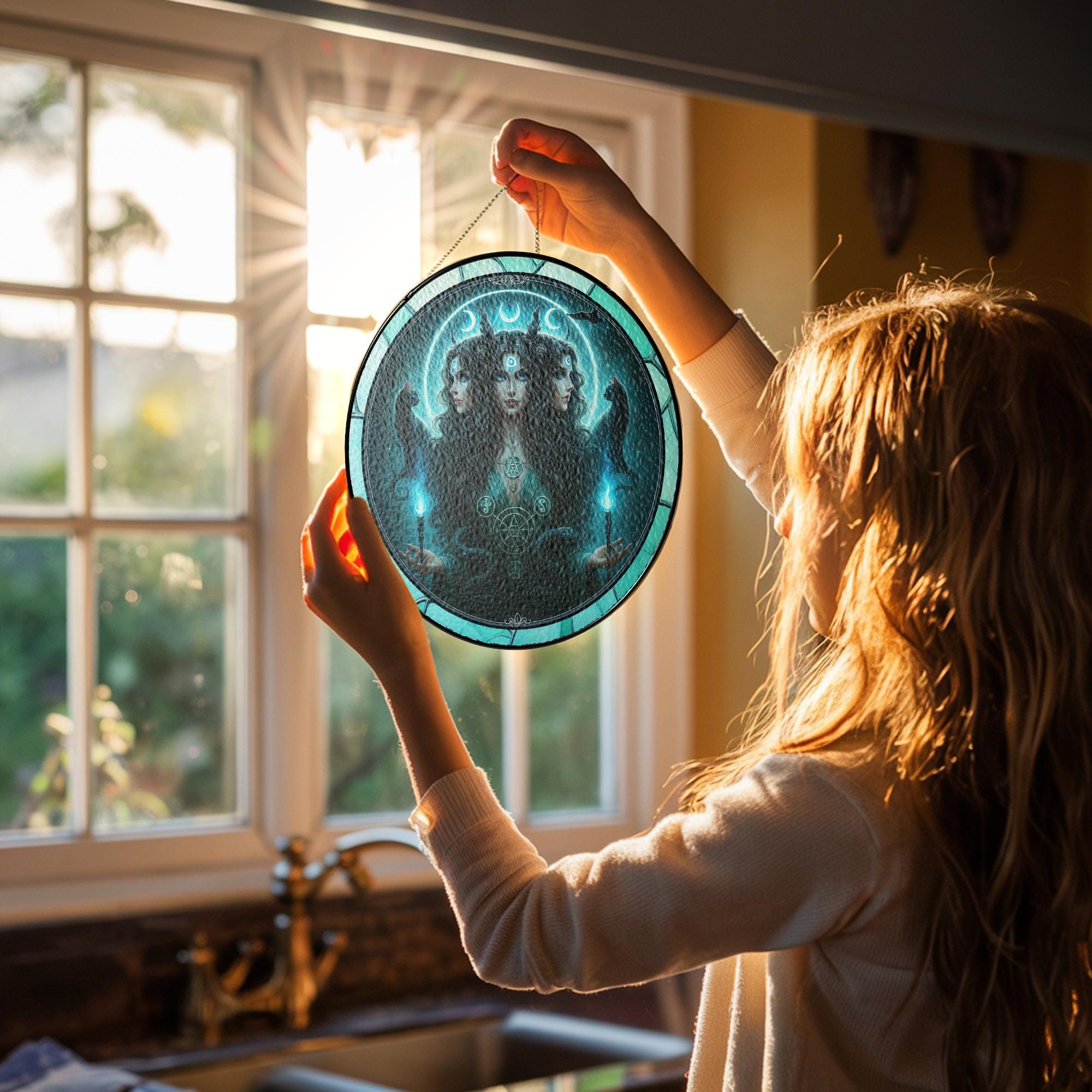 Triple Moon Goddess Suncatcher, Hecate Goddess Stained Glass Suncatcher, Goddess Window Decor,Pagan Wiccan Gift, Dark Feminine Energy