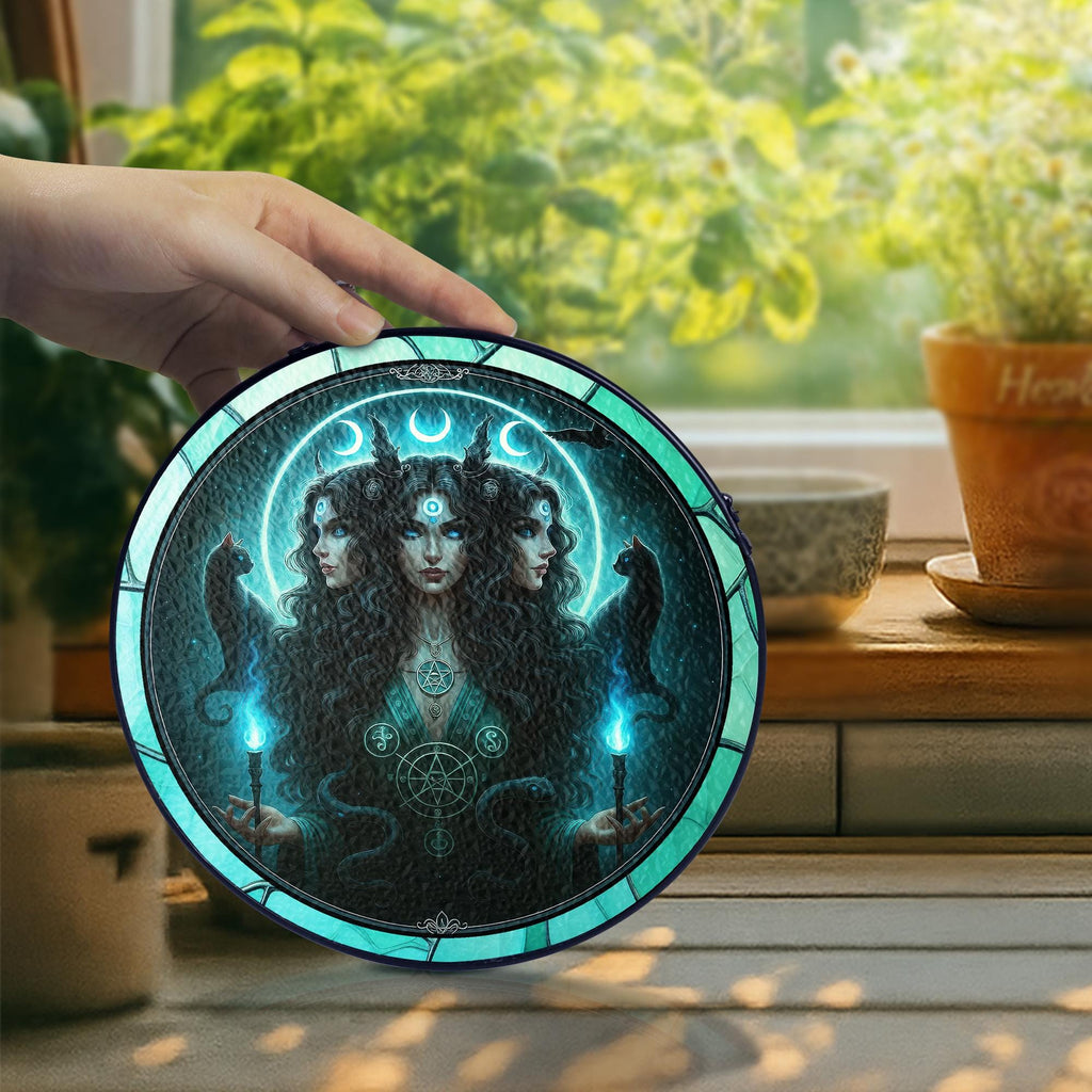 Triple Moon Goddess Suncatcher, Hecate Goddess Stained Glass Suncatcher, Goddess Window Decor,Pagan Wiccan Gift, Dark Feminine Energy