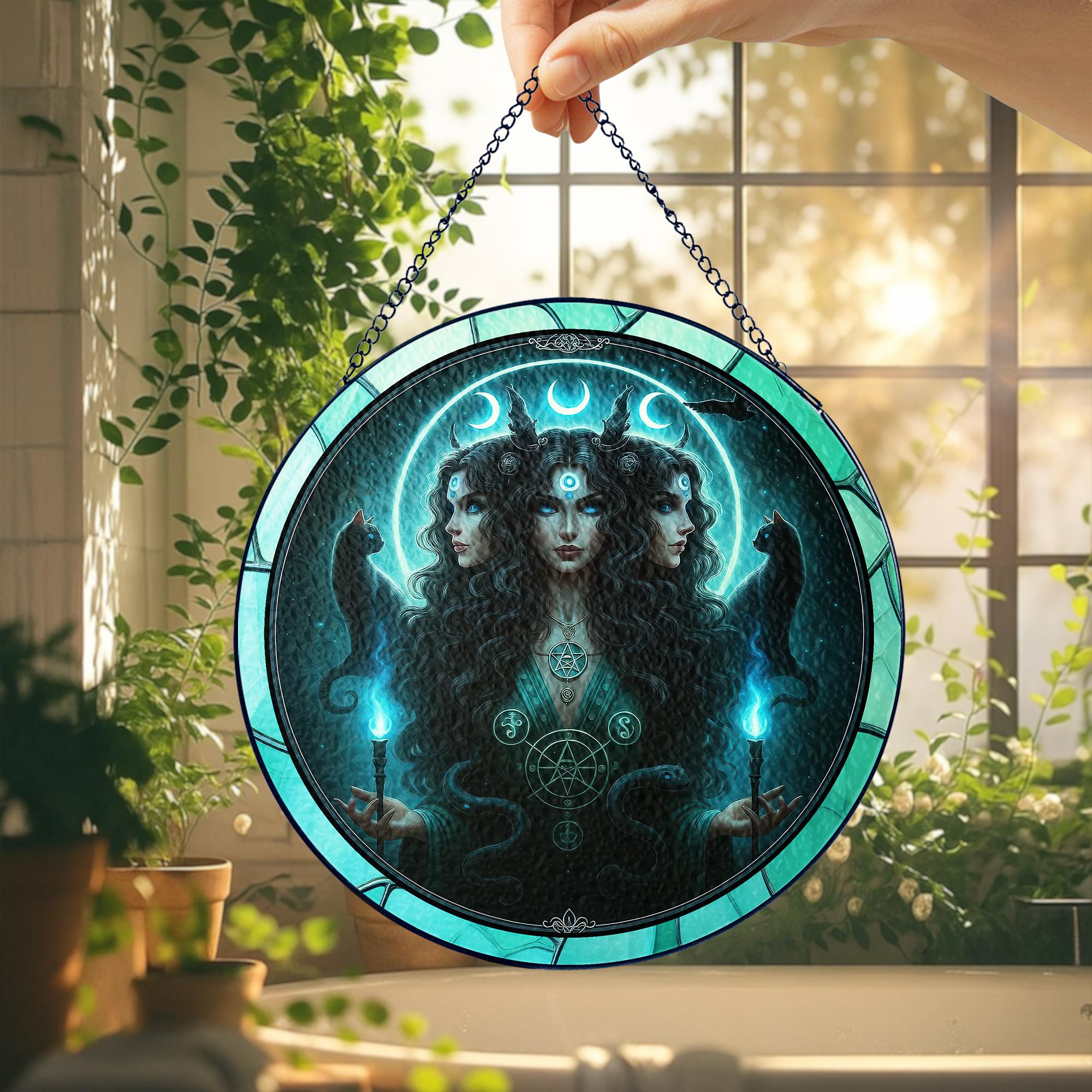Triple Moon Goddess Suncatcher, Hecate Goddess Stained Glass Suncatcher, Goddess Window Decor,Pagan Wiccan Gift, Dark Feminine Energy