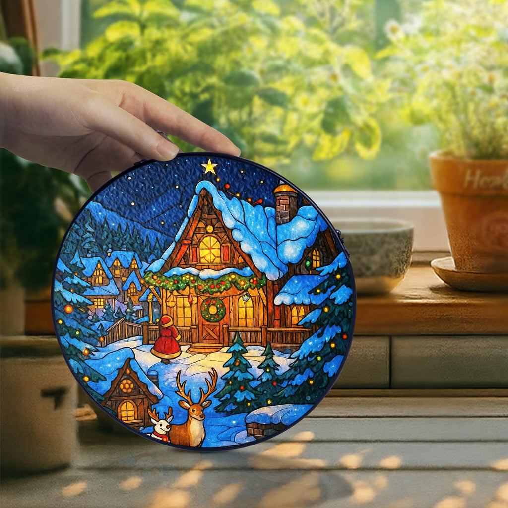 Christmas Stained Glass Suncatcher – Cozy Winter Cabin with Reindeer, Holiday Window Hanging Decoration, Snowy House Ornament Gift