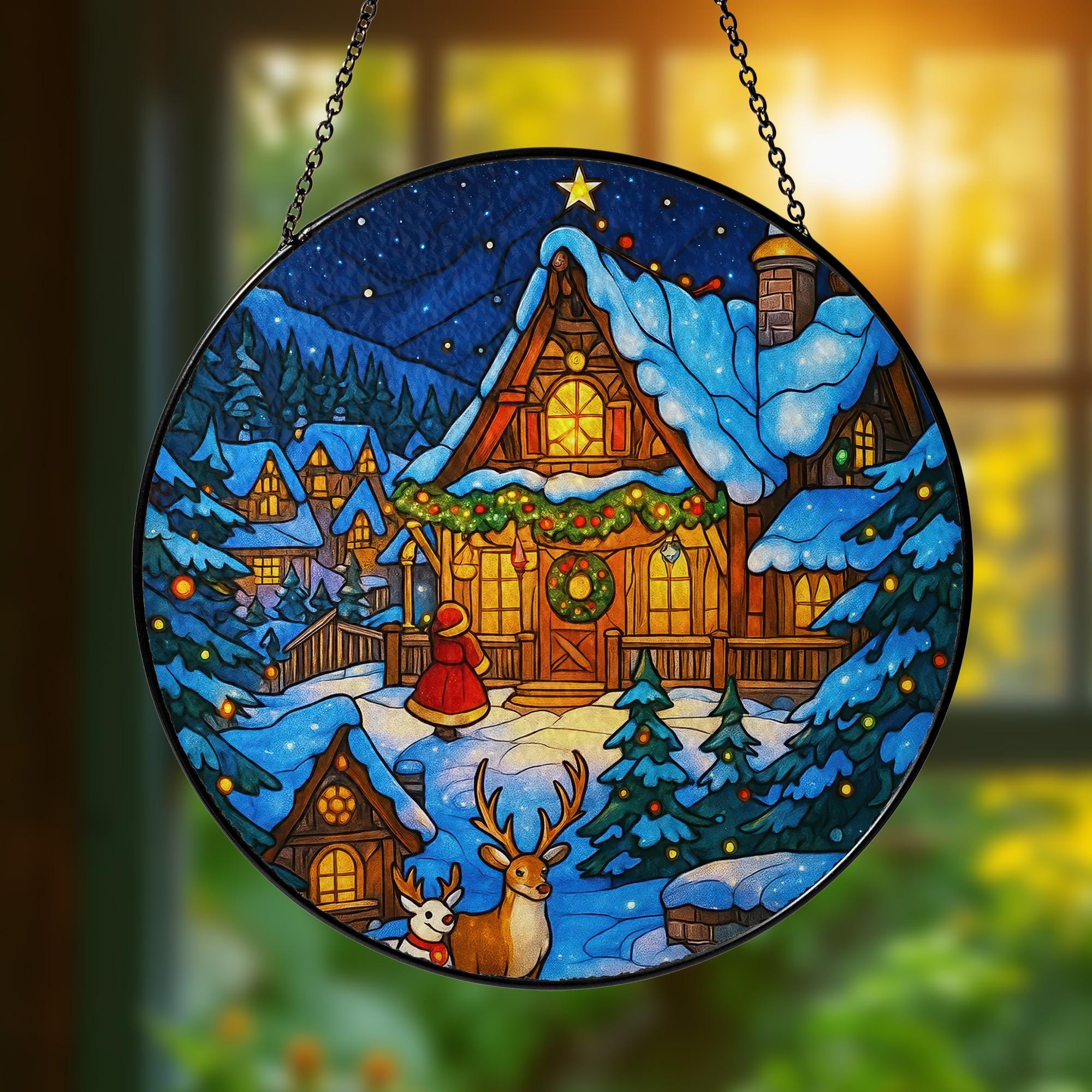 Christmas Stained Glass Suncatcher – Cozy Winter Cabin with Reindeer, Holiday Window Hanging Decoration, Snowy House Ornament Gift