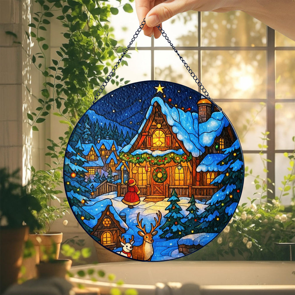 Christmas Stained Glass Suncatcher – Cozy Winter Cabin with Reindeer, Holiday Window Hanging Decoration, Snowy House Ornament Gift