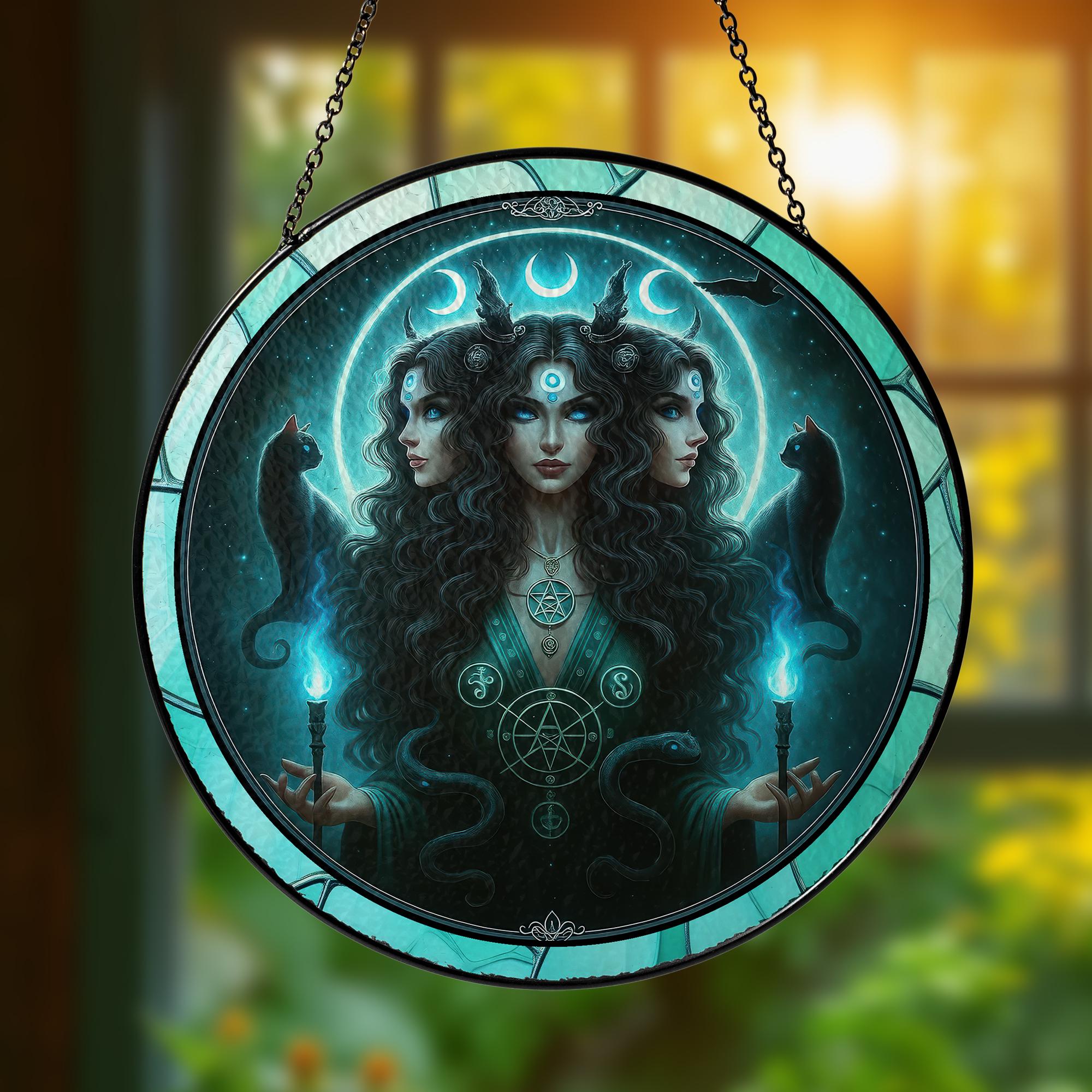 Triple Moon Goddess Suncatcher, Hecate Goddess Stained Glass Suncatcher, Goddess Window Decor,Pagan Wiccan Gift, Dark Feminine Energy