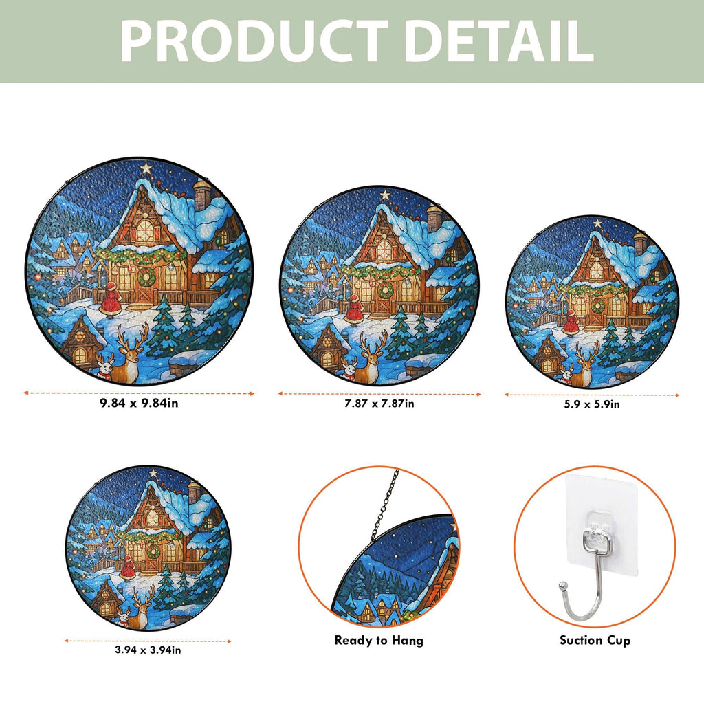 Christmas Stained Glass Suncatcher – Cozy Winter Cabin with Reindeer, Holiday Window Hanging Decoration, Snowy House Ornament Gift