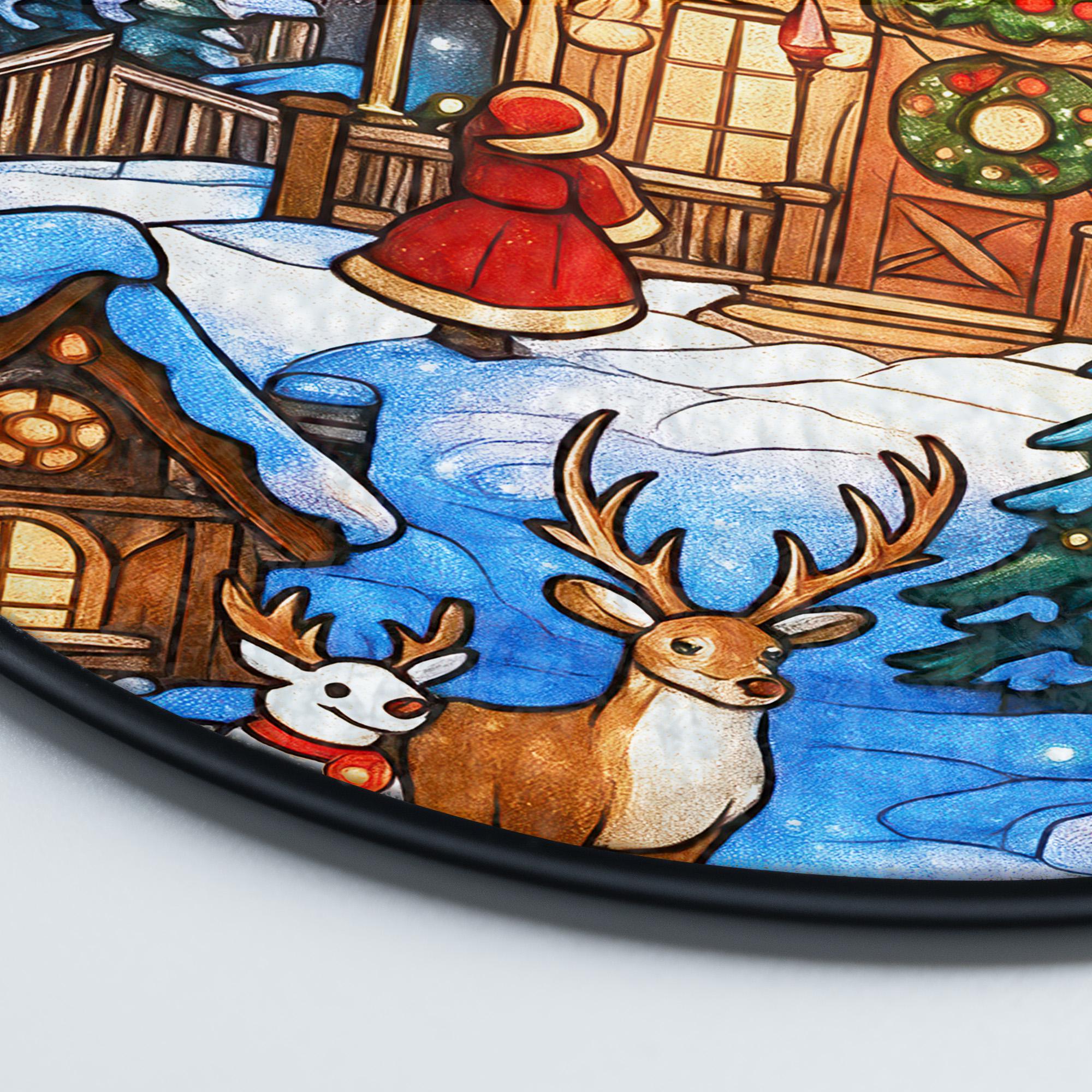 Christmas Stained Glass Suncatcher – Cozy Winter Cabin with Reindeer, Holiday Window Hanging Decoration, Snowy House Ornament Gift
