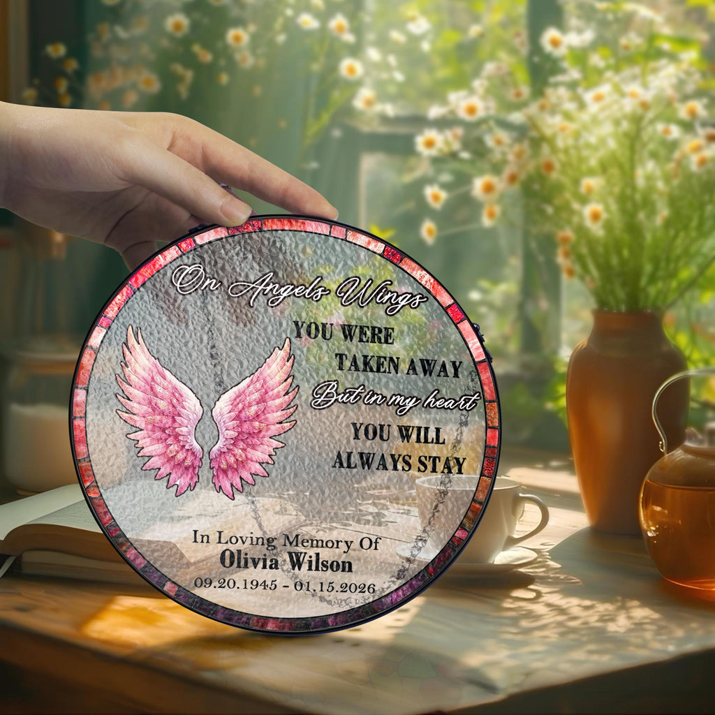 On Angels Wings Personalized Memorial Suncatcher, Custom Sympathy Window Hanging, In Loving Memory Gift for Loss of Loved One
