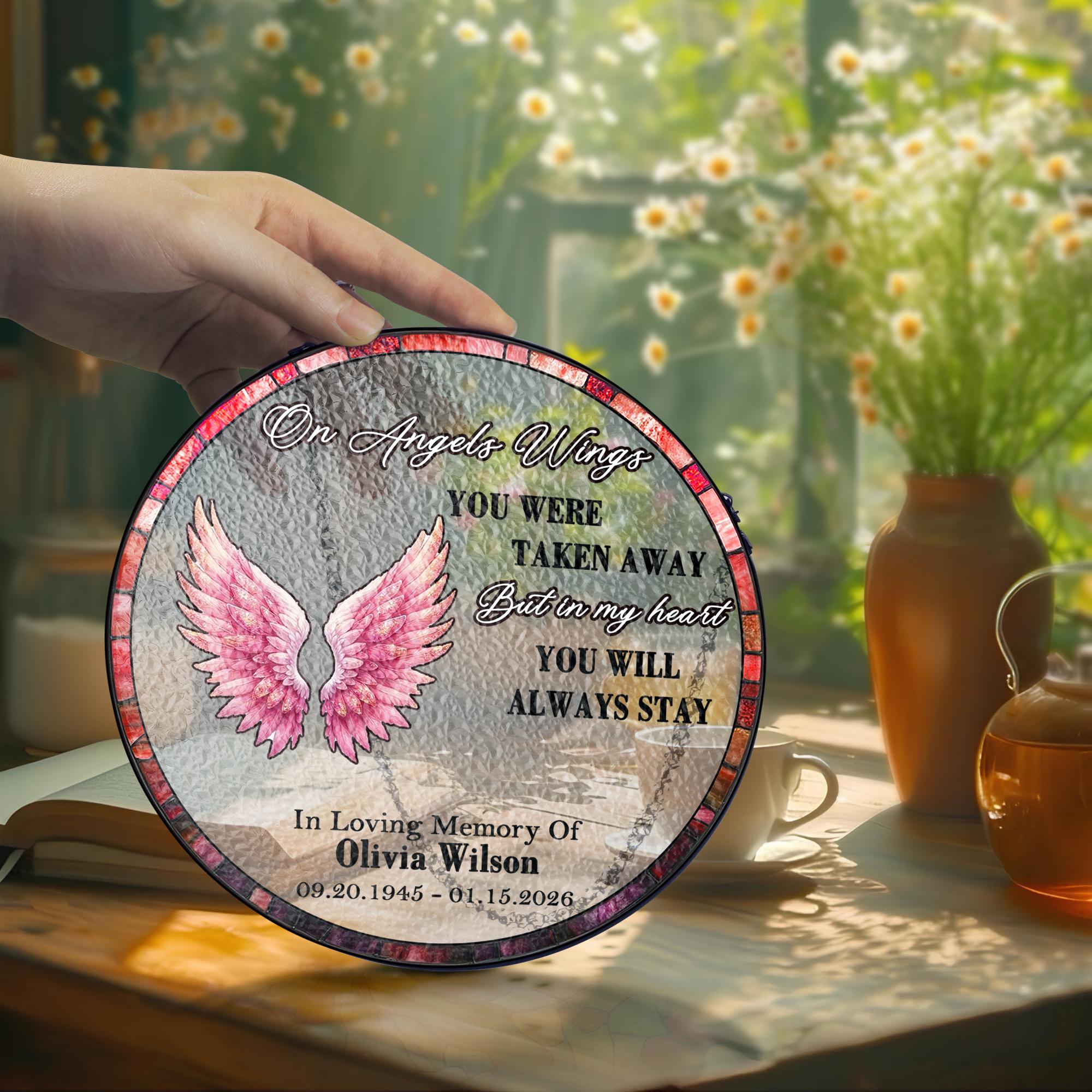 On Angels Wings Personalized Memorial Suncatcher, Custom Sympathy Window Hanging, In Loving Memory Gift for Loss of Loved One