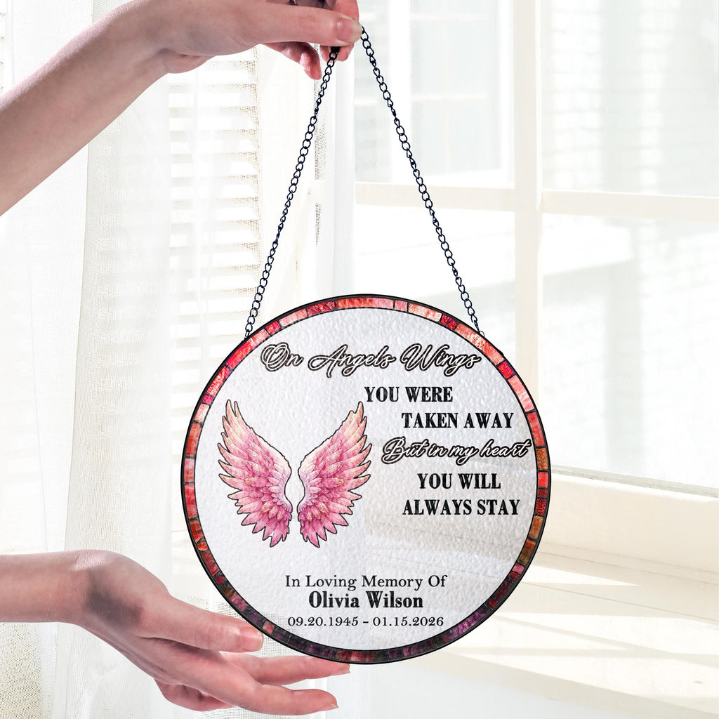 On Angels Wings Personalized Memorial Suncatcher, Custom Sympathy Window Hanging, In Loving Memory Gift for Loss of Loved One
