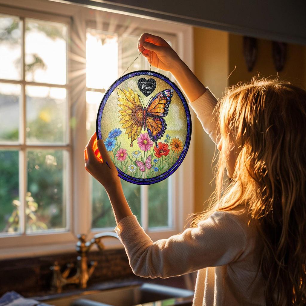 Now She Flies With Butterflies Memorial Stained Glass Suncatcher, Loss of a mom Gift, In Memory of Suncatcher, Sympathy Gift, Loss of Mom