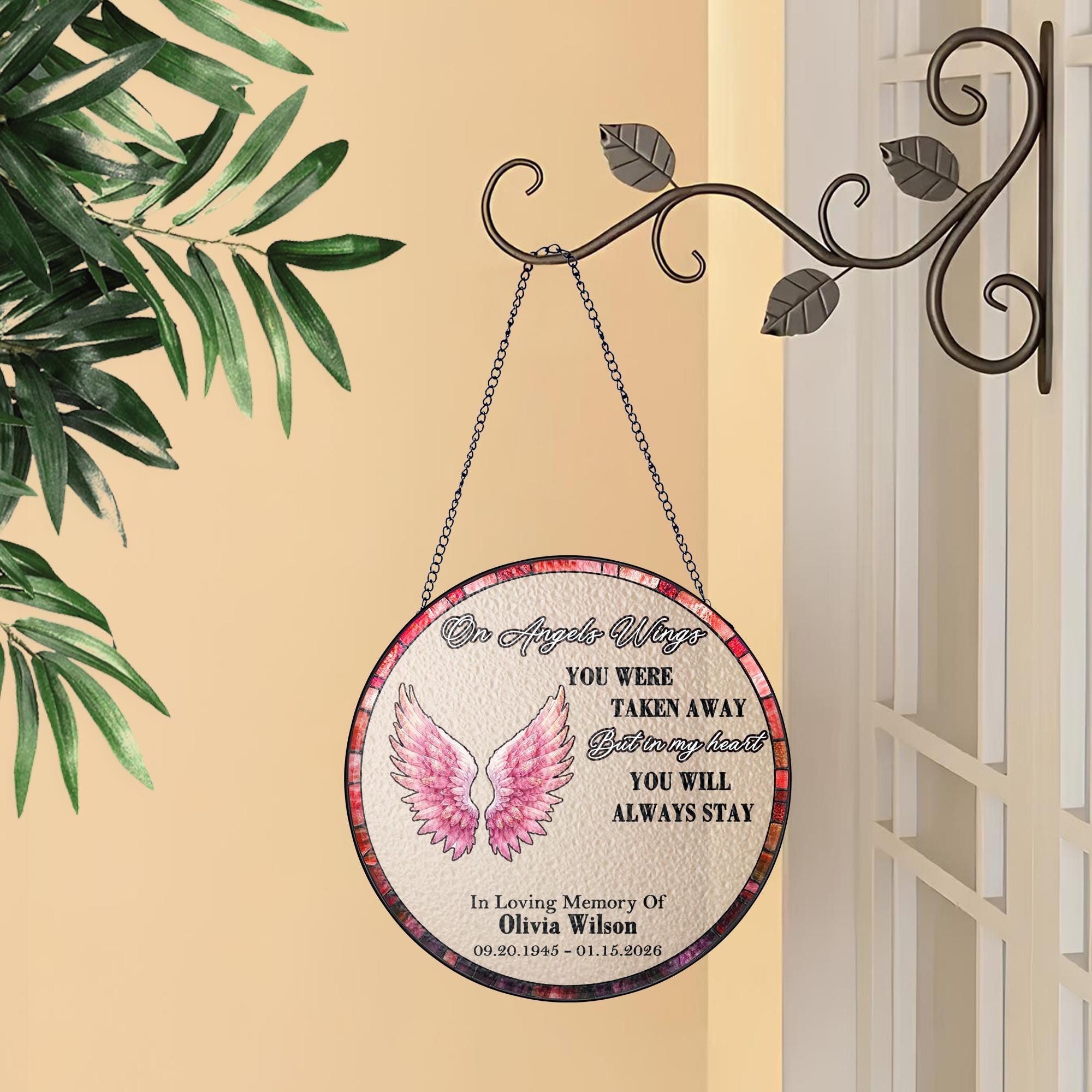 On Angels Wings Personalized Memorial Suncatcher, Custom Sympathy Window Hanging, In Loving Memory Gift for Loss of Loved One