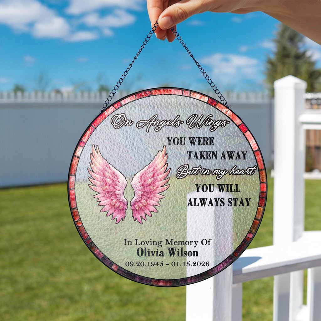 On Angels Wings Personalized Memorial Suncatcher, Custom Sympathy Window Hanging, In Loving Memory Gift for Loss of Loved One