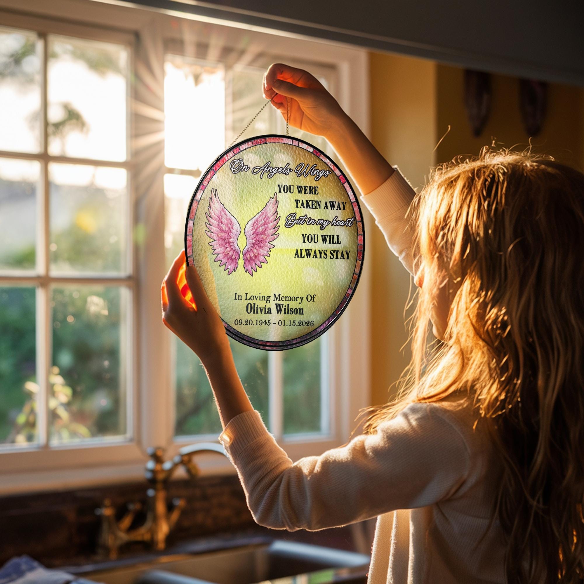 On Angels Wings Personalized Memorial Suncatcher, Custom Sympathy Window Hanging, In Loving Memory Gift for Loss of Loved One