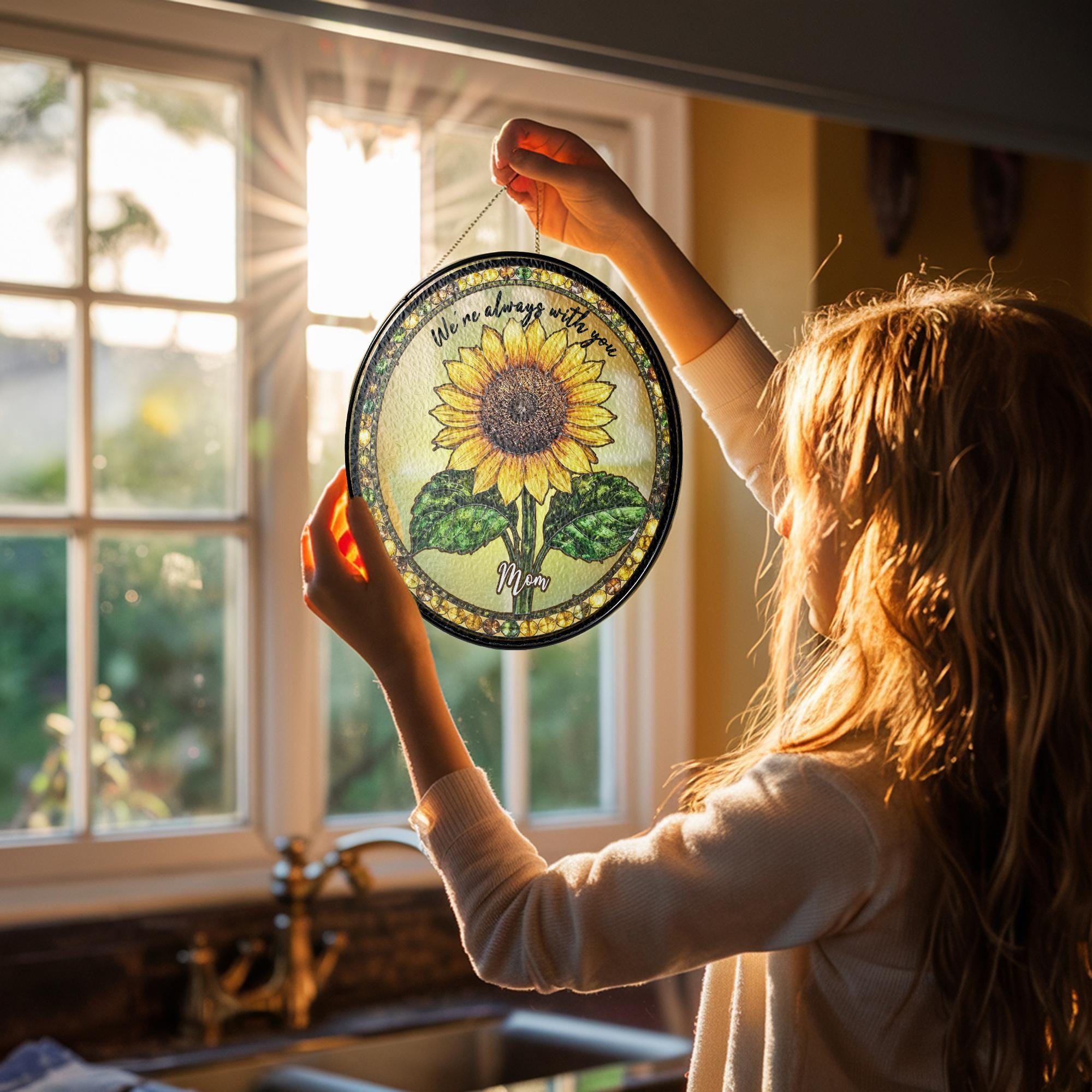 Personalized Sunflower Glass Suncatcher, Custom Mom Memorial Window Hanging, Loss Of Mom Sympathy Gift,In Loving Memory Of Dad Gift,Mom Gift