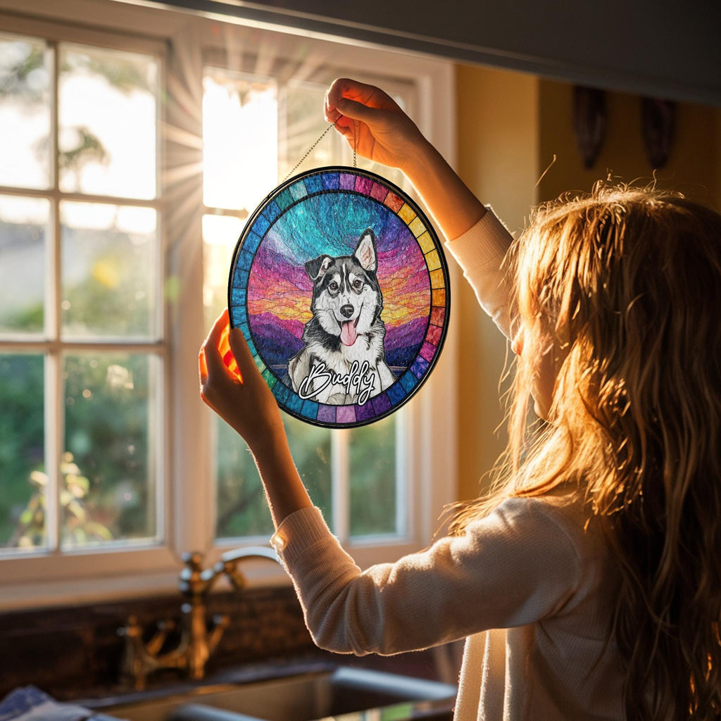 Custom Dog Portrait Stained Glass Suncatcher, Pet Memorial Stained Glass Photo Suncatcher, Dog Memorial Gift, Window Hangings, Pet Loss Gift