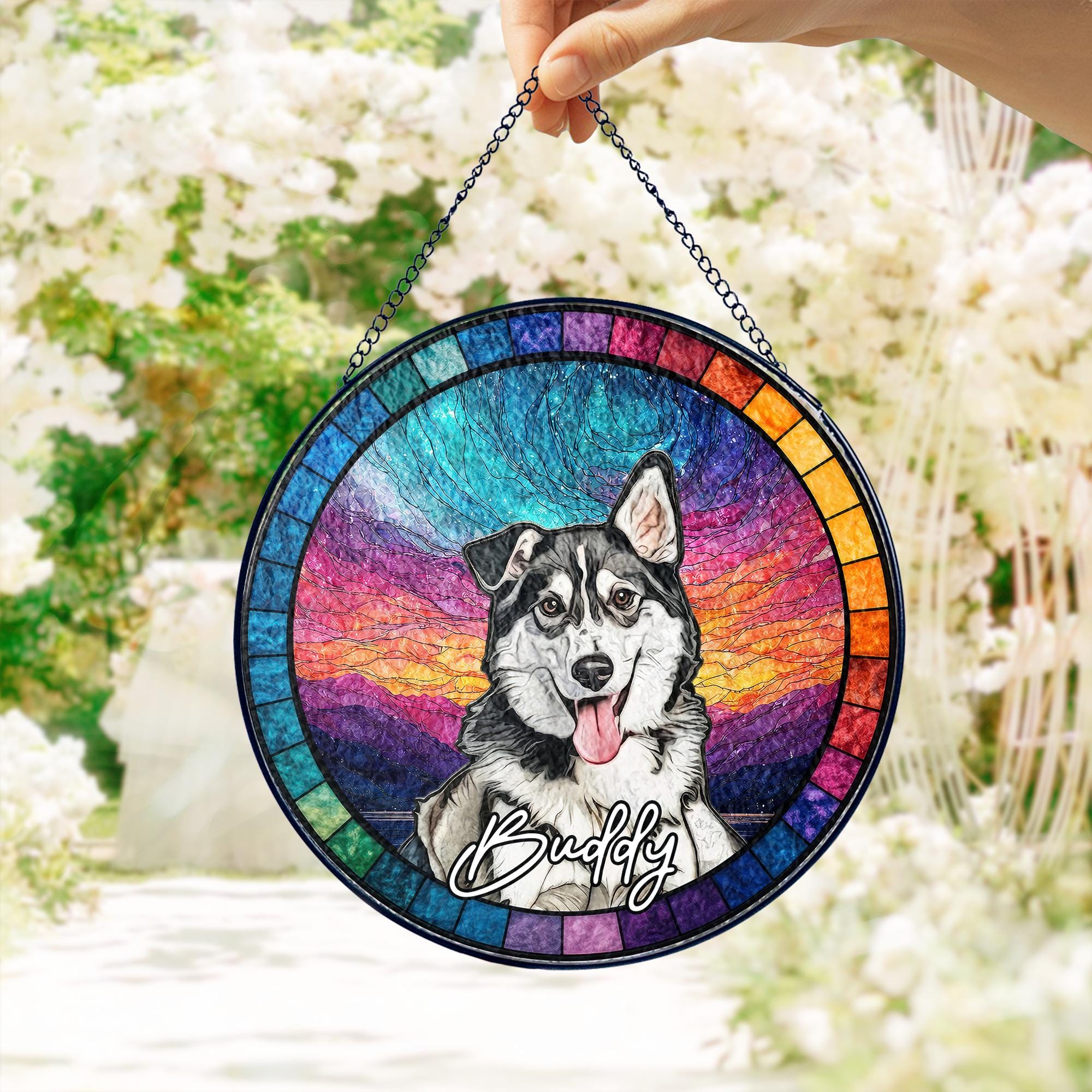 Custom Dog Portrait Stained Glass Suncatcher, Pet Memorial Stained Glass Photo Suncatcher, Dog Memorial Gift, Window Hangings, Pet Loss Gift
