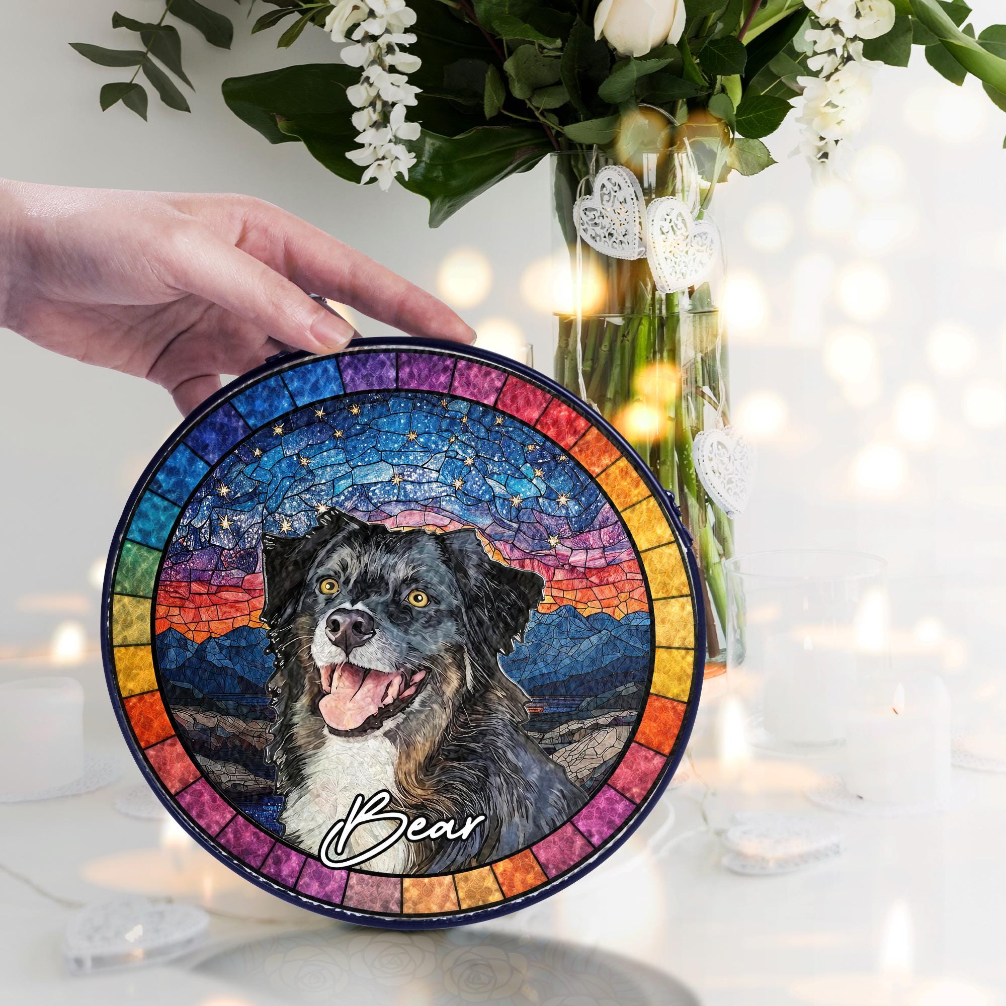 Custom Dog Portrait Stained Glass Suncatcher, Pet Memorial Stained Glass Photo Suncatcher, Dog Memorial Gift, Window Hangings, Pet Loss Gift