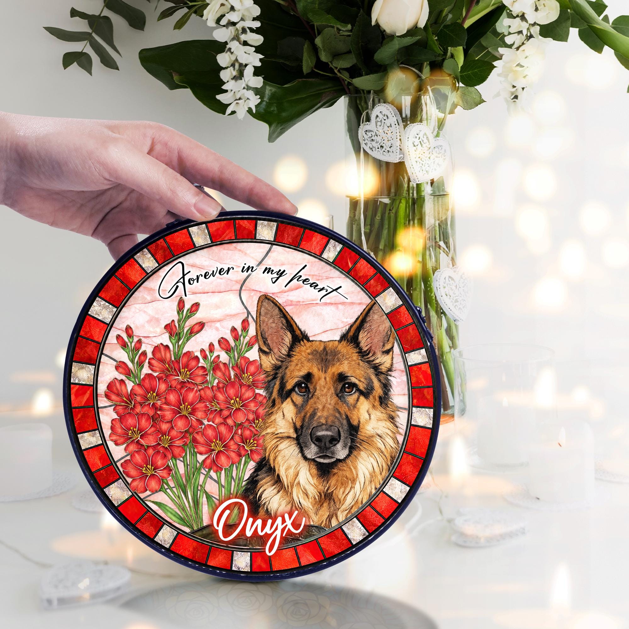 Custom Dog Portrait Stained Glass Suncatcher, Birth Month Flower Pet Memorial Gift, Personalized Dog Cat Photo, Floral Pet Window Hangings