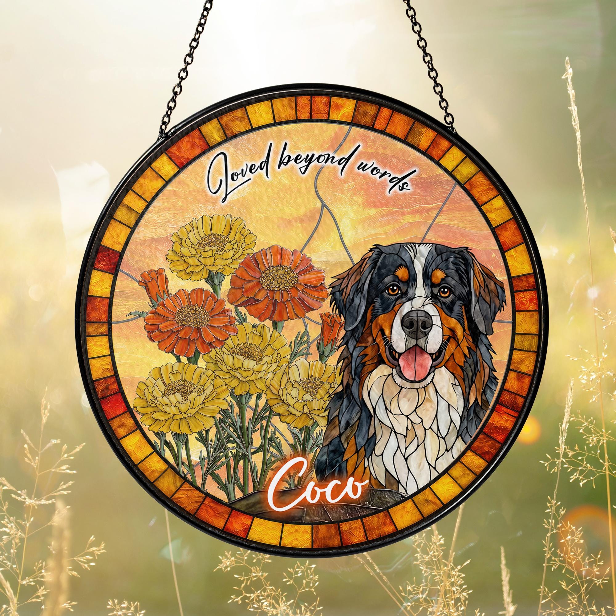 Custom Dog Portrait Stained Glass Suncatcher, Birth Month Flower Pet Memorial Gift, Personalized Dog Cat Photo, Floral Pet Window Hangings
