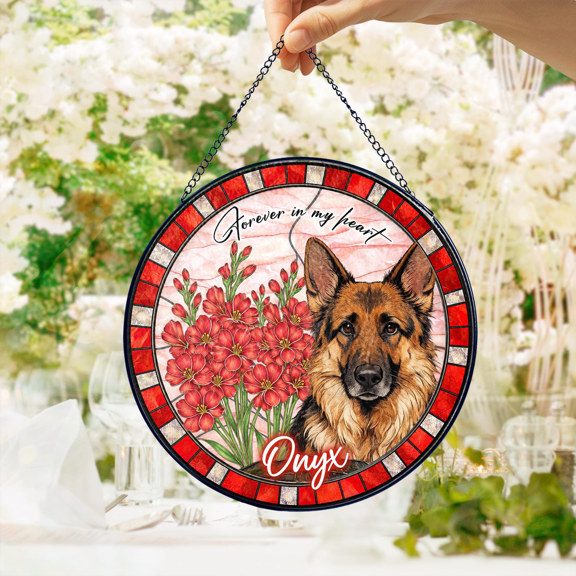 Custom Dog Portrait Stained Glass Suncatcher, Birth Month Flower Pet Memorial Gift, Personalized Dog Cat Photo, Floral Pet Window Hangings