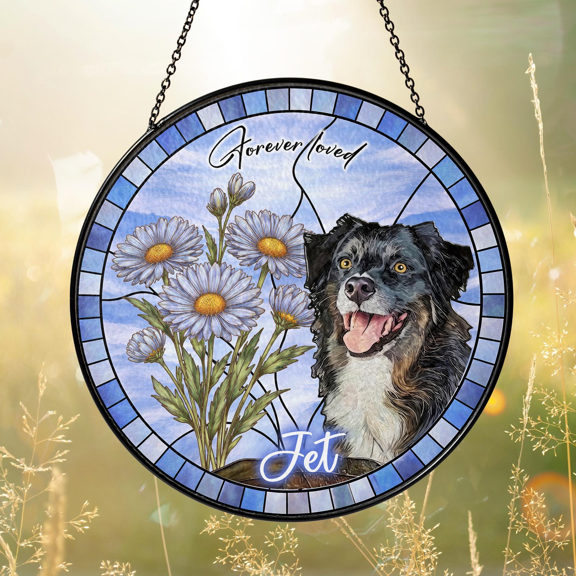 Custom Dog Portrait Stained Glass Suncatcher, Birth Month Flower Pet Memorial Gift, Personalized Dog Cat Photo, Floral Pet Window Hangings