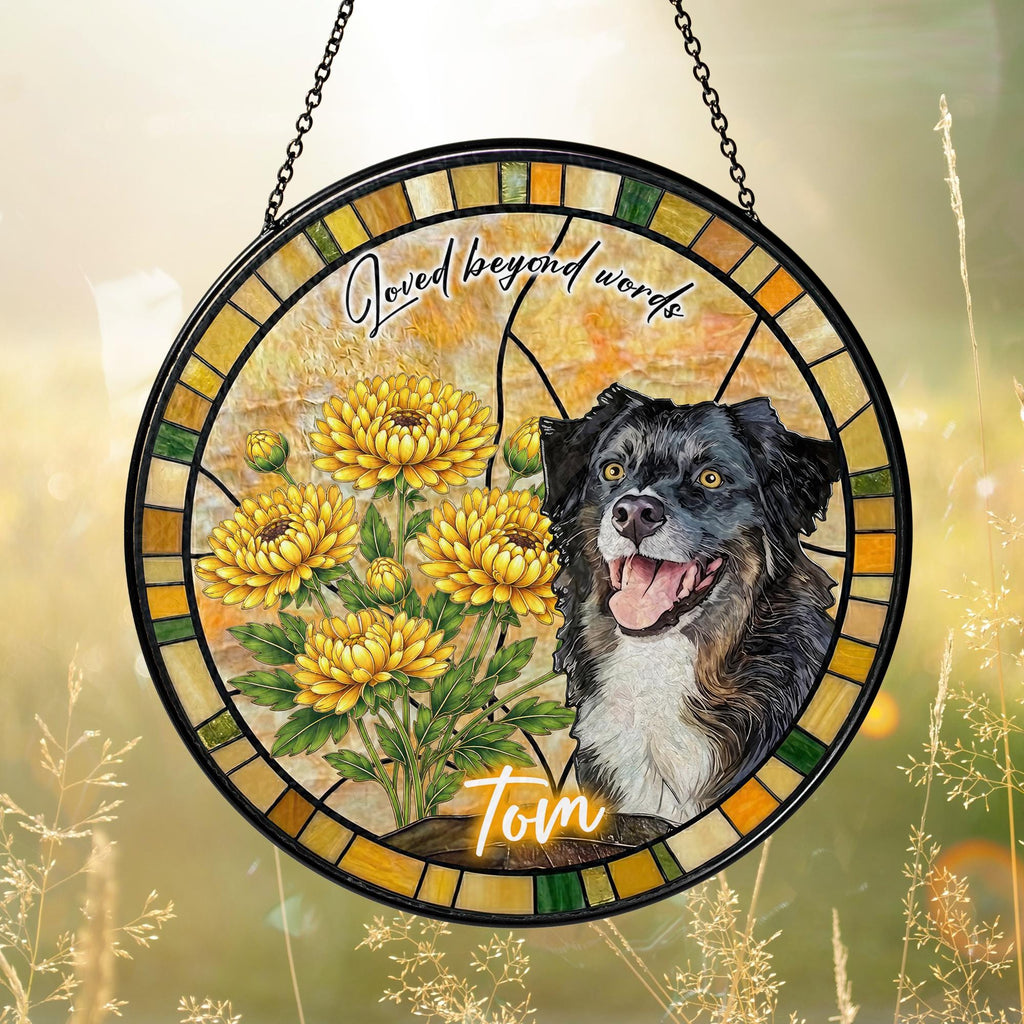 Custom Dog Portrait Stained Glass Suncatcher, Birth Month Flower Pet Memorial Gift, Personalized Dog Cat Photo, Floral Pet Window Hangings