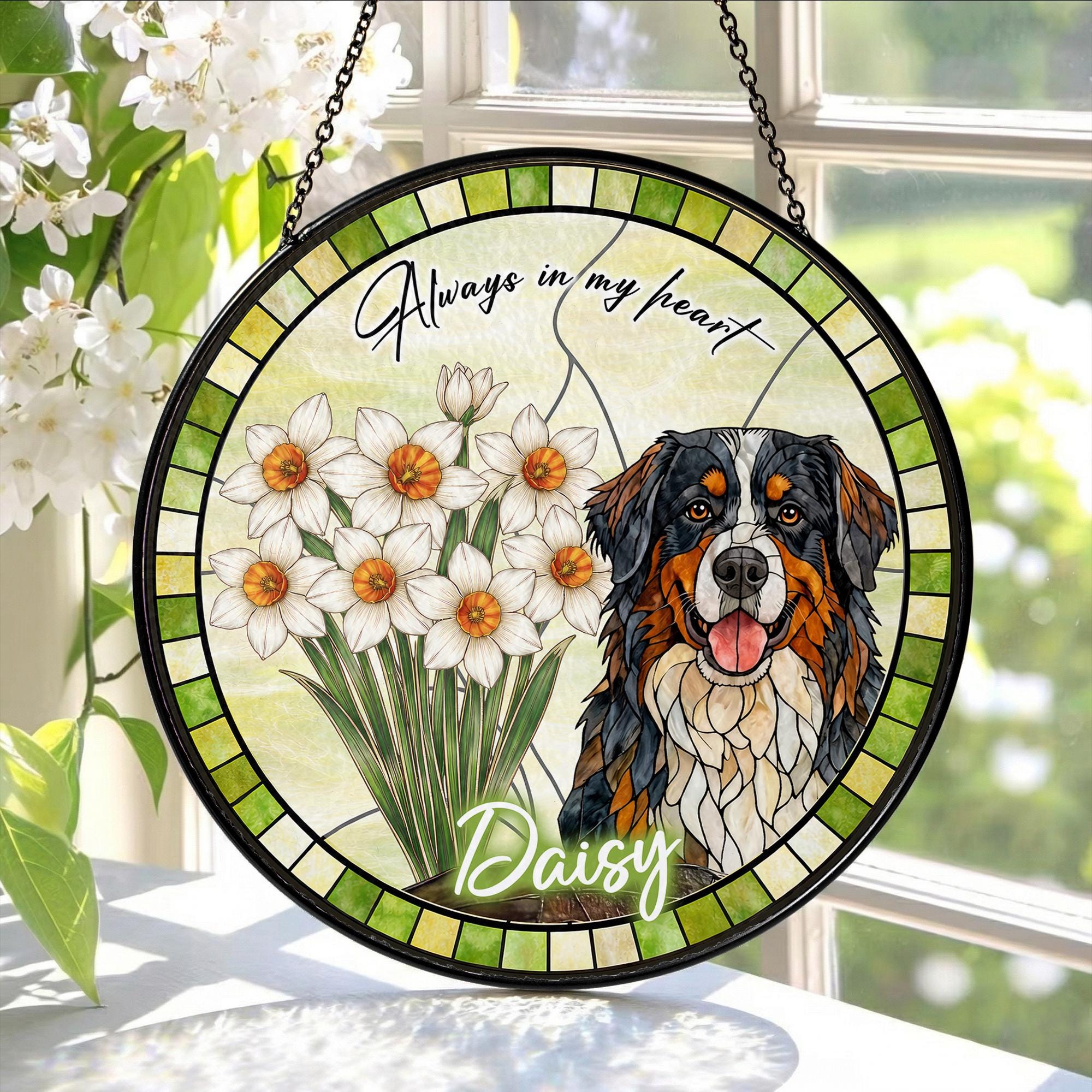 Custom Dog Portrait Stained Glass Suncatcher, Birth Month Flower Pet Memorial Gift, Personalized Dog Cat Photo, Floral Pet Window Hangings