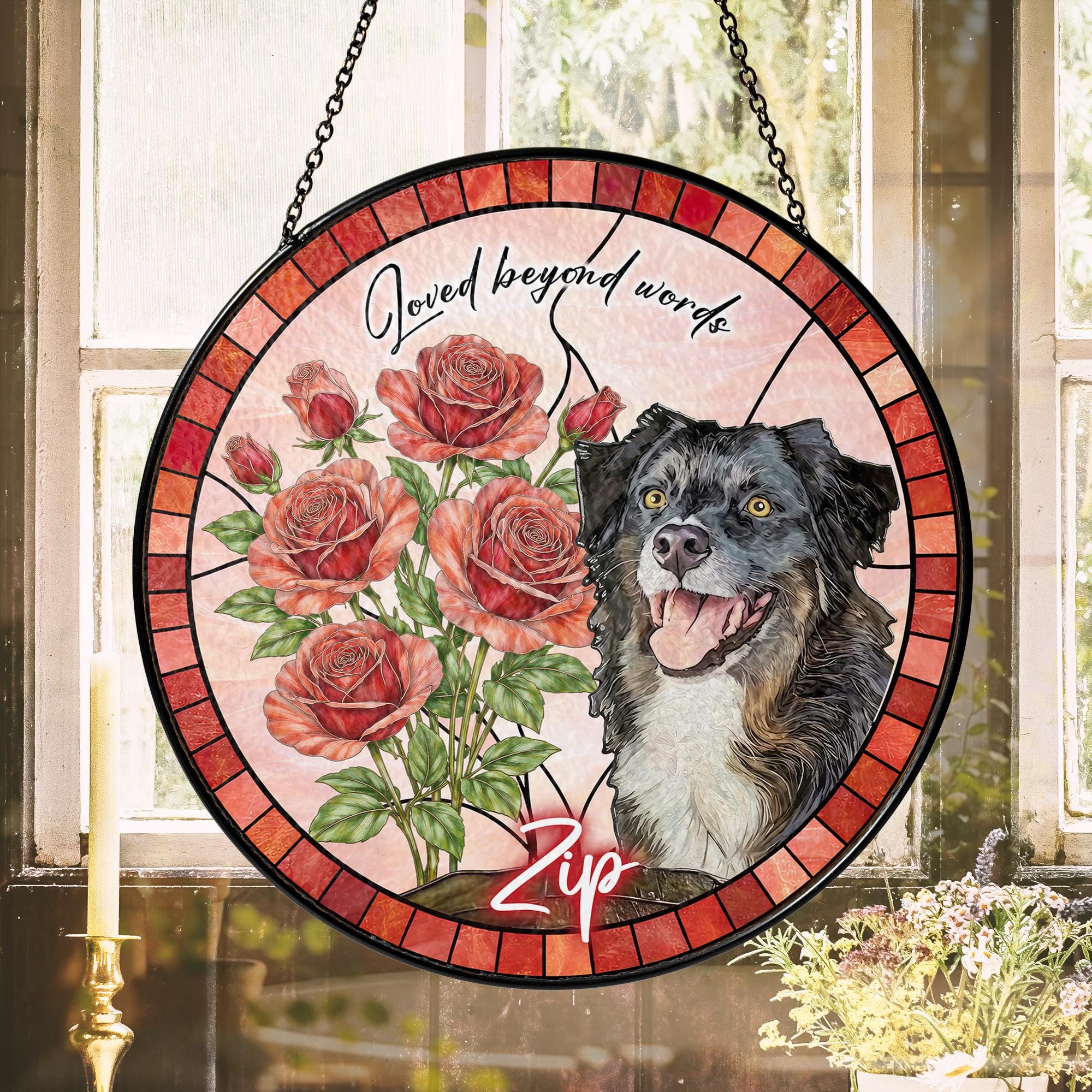 Custom Dog Portrait Stained Glass Suncatcher, Birth Month Flower Pet Memorial Gift, Personalized Dog Cat Photo, Floral Pet Window Hangings