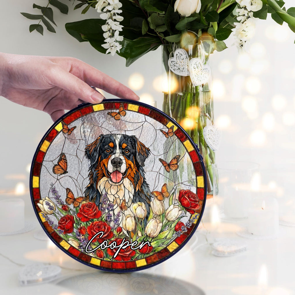 Personalized Pet Memorial Stained Glass Suncatcher, Custom Pet Portrait From Photo, Dog Cat Memorial Gift, Floral Butterfly Window Hangings