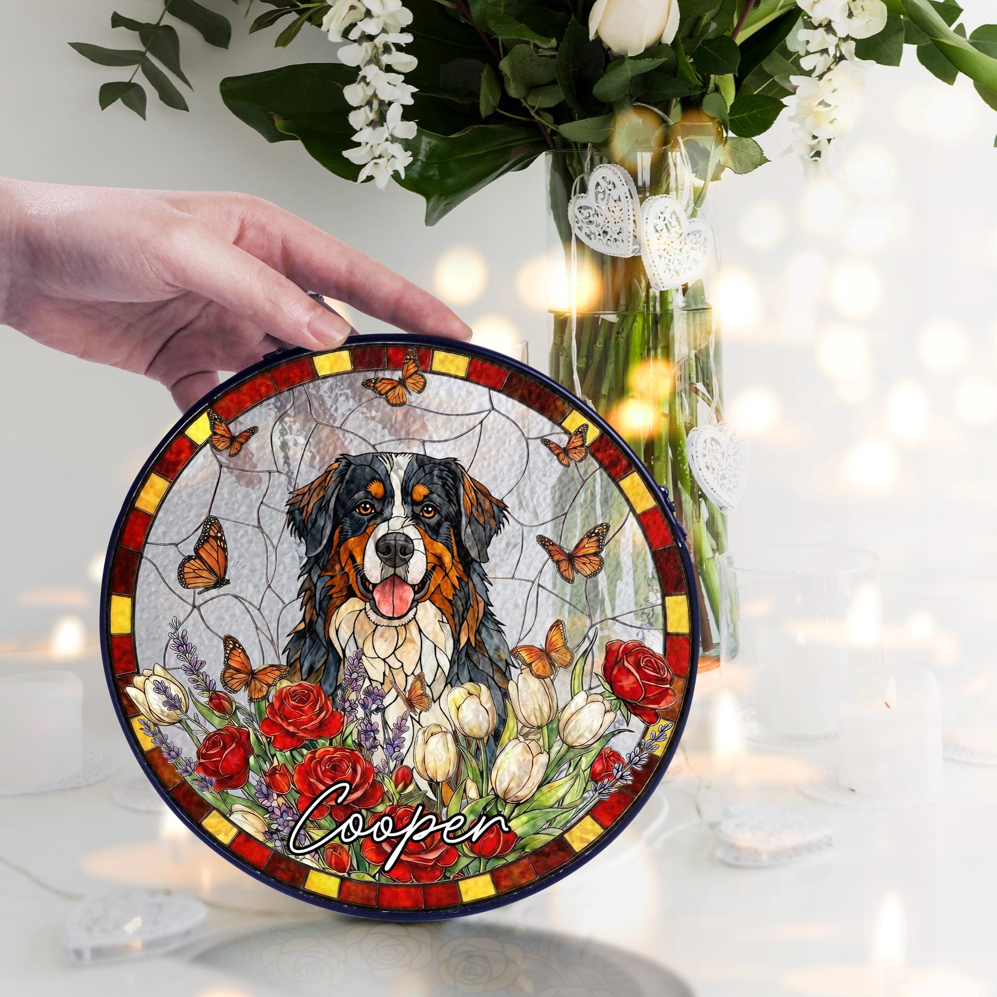 Personalized Pet Memorial Stained Glass Suncatcher, Custom Pet Portrait From Photo, Dog Cat Memorial Gift, Floral Butterfly Window Hangings