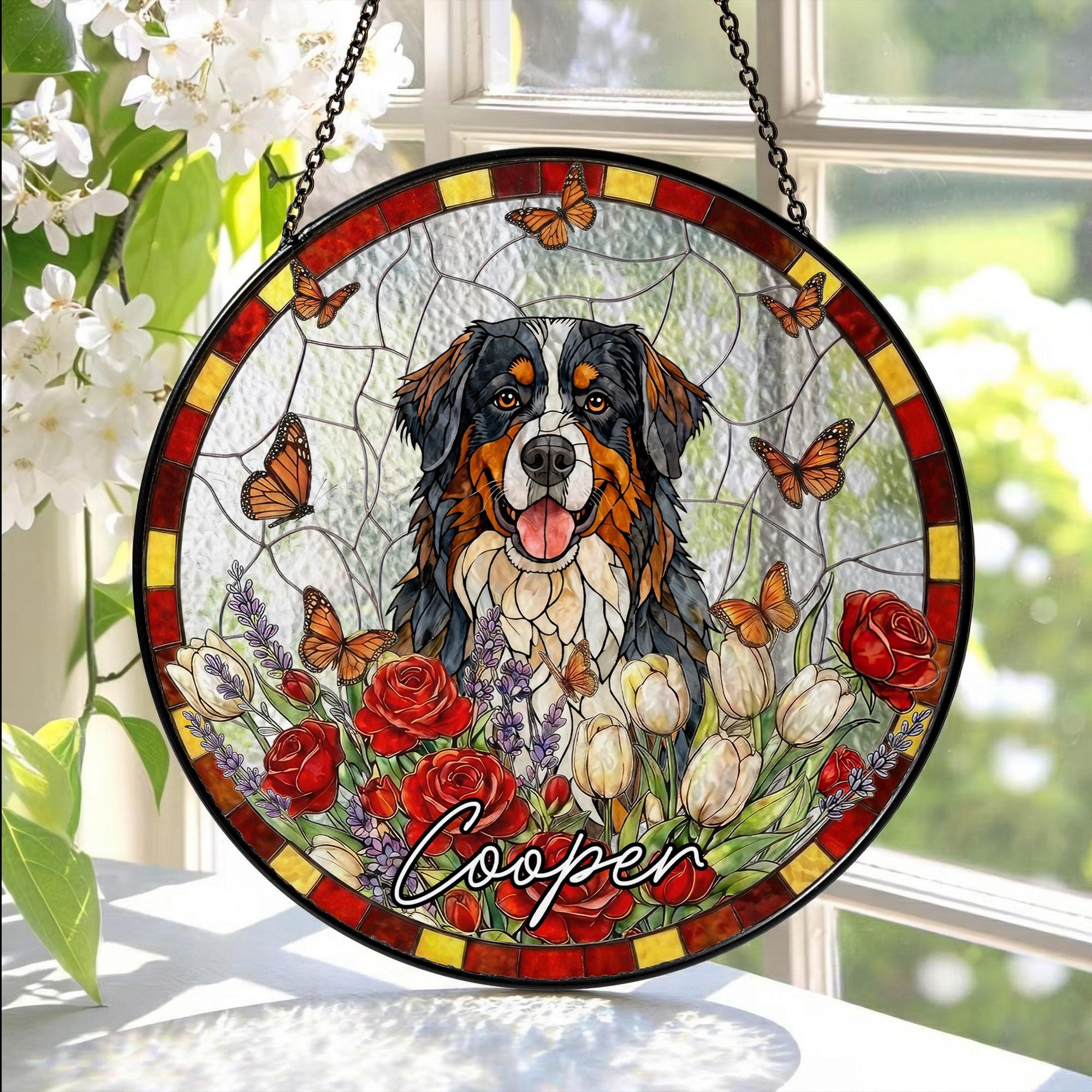 Personalized Pet Memorial Stained Glass Suncatcher, Custom Pet Portrait From Photo, Dog Cat Memorial Gift, Floral Butterfly Window Hangings