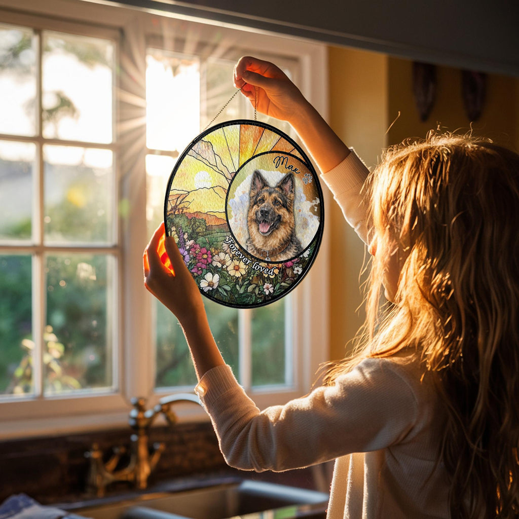 Personalized Pet Portrait Stained Glass Suncatcher, Custom Dog Memorial Stained Glass Photo Suncatcher, Dog Loss Keepsake, Pet Loss Gift