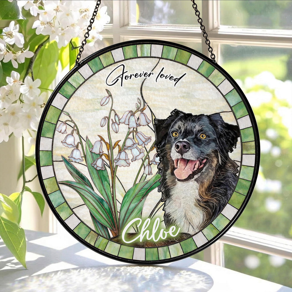 Custom Dog Portrait Stained Glass Suncatcher, Birth Month Flower Pet Memorial Gift, Personalized Dog Cat Photo, Floral Pet Window Hangings