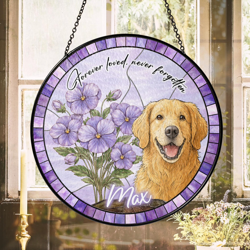 Custom Dog Portrait Stained Glass Suncatcher, Birth Month Flower Pet Memorial Gift, Personalized Dog Cat Photo, Floral Pet Window Hangings