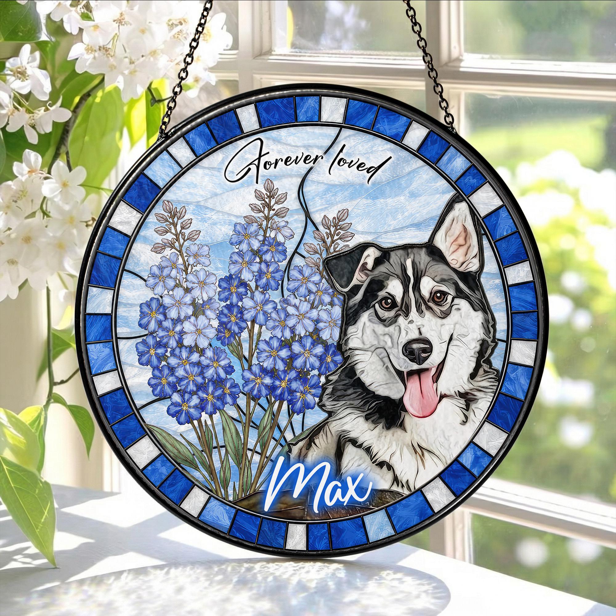 Custom Dog Portrait Stained Glass Suncatcher, Birth Month Flower Pet Memorial Gift, Personalized Dog Cat Photo, Floral Pet Window Hangings