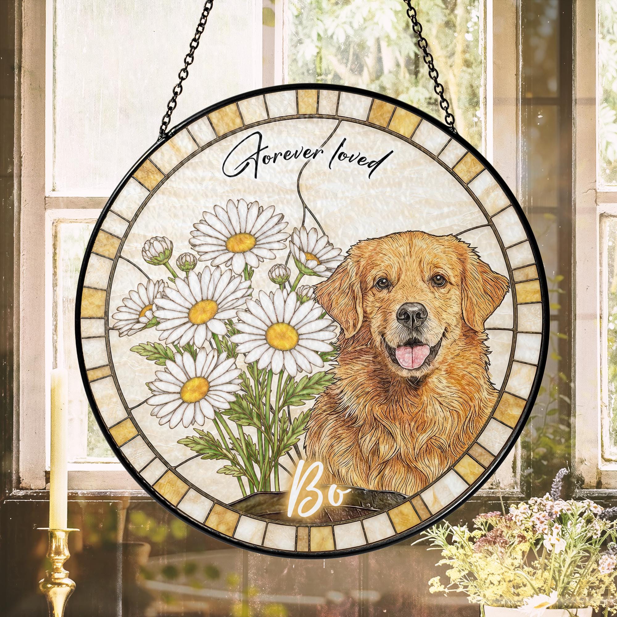 Custom Dog Portrait Stained Glass Suncatcher, Birth Month Flower Pet Memorial Gift, Personalized Dog Cat Photo, Floral Pet Window Hangings