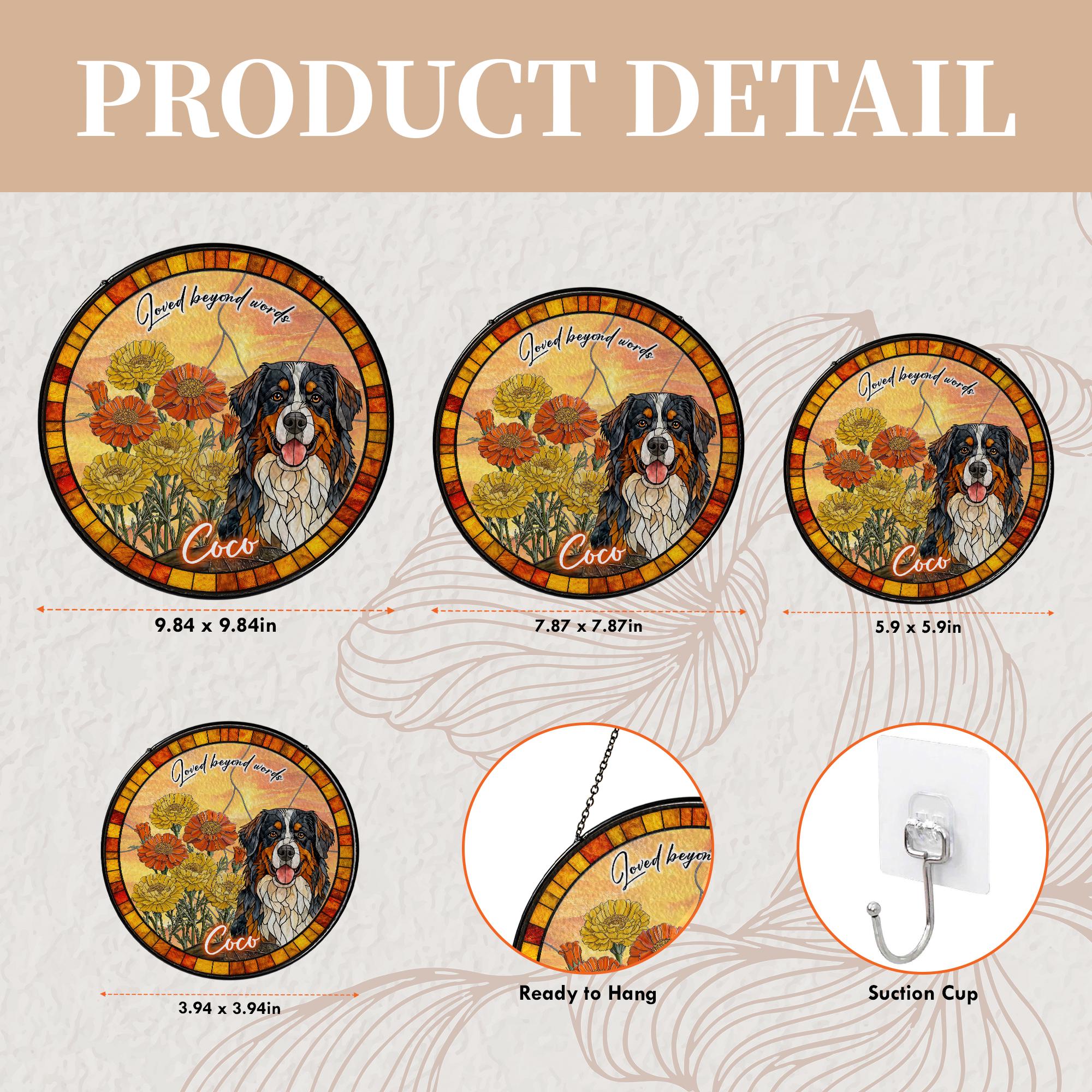 Custom Dog Portrait Stained Glass Suncatcher, Birth Month Flower Pet Memorial Gift, Personalized Dog Cat Photo, Floral Pet Window Hangings