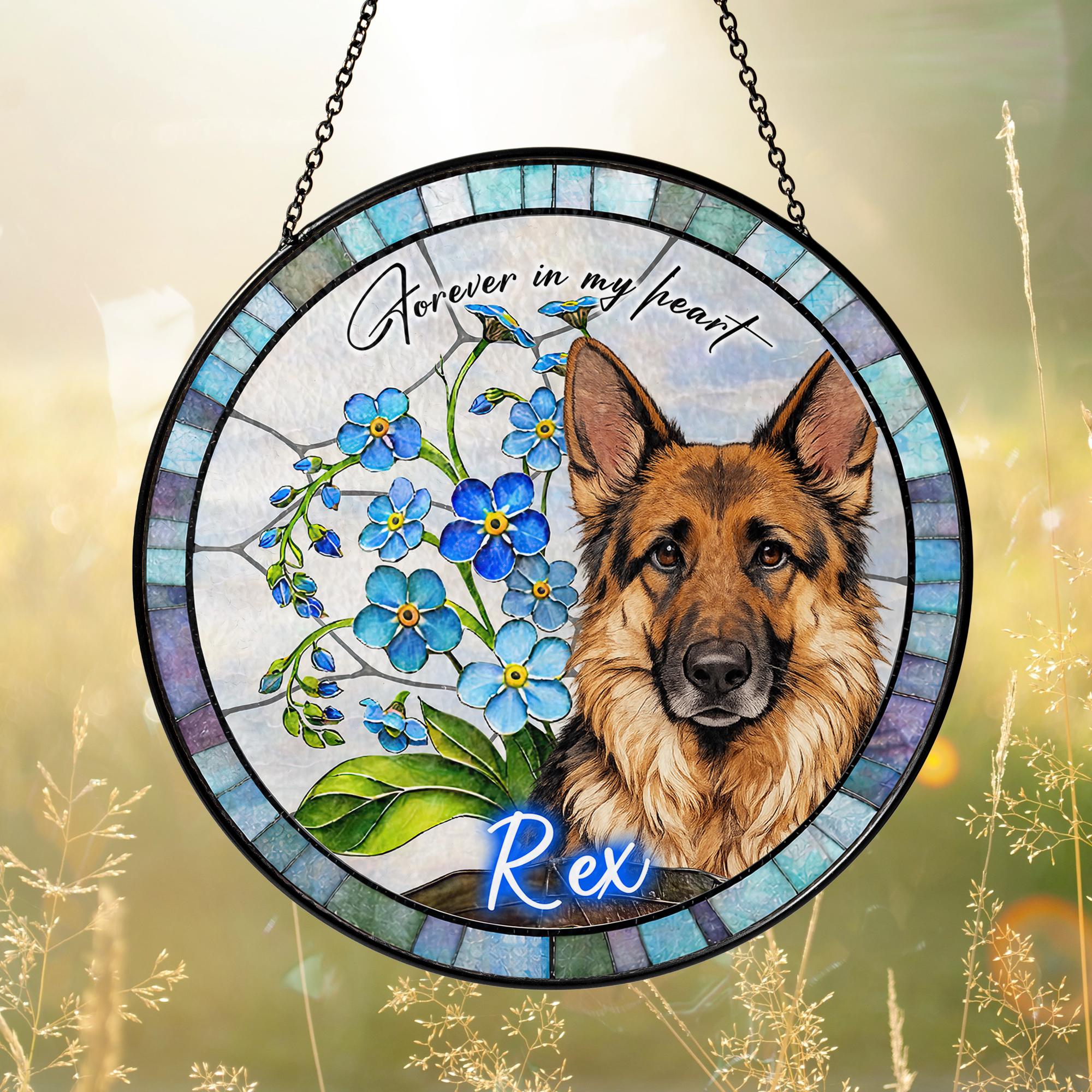 Custom Dog Portrait Stained Glass Suncatcher, Birth Month Flower Pet Memorial Gift, Personalized Dog Cat Photo, Floral Pet Window Hangings