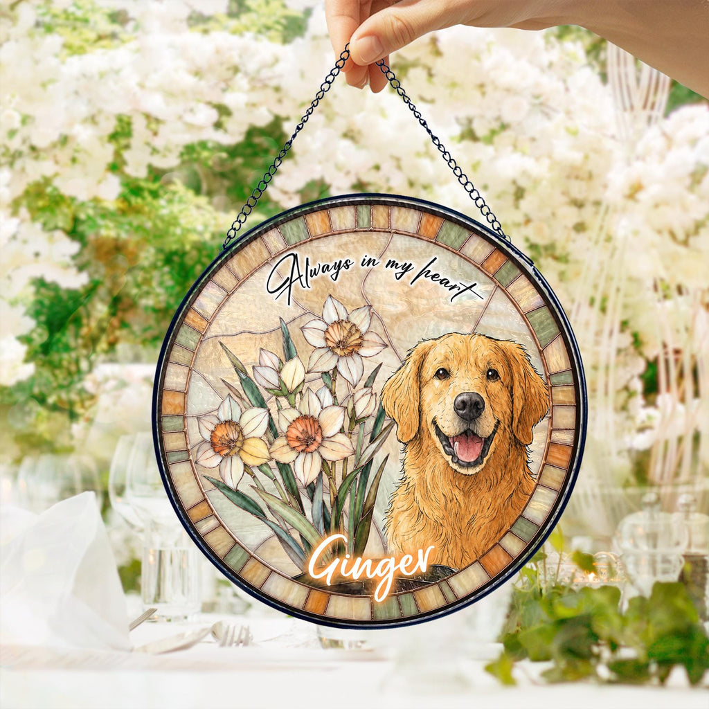 Custom Dog Portrait Stained Glass Suncatcher, Birth Month Flower Pet Memorial Gift, Personalized Dog Cat Photo, Floral Pet Window Hangings