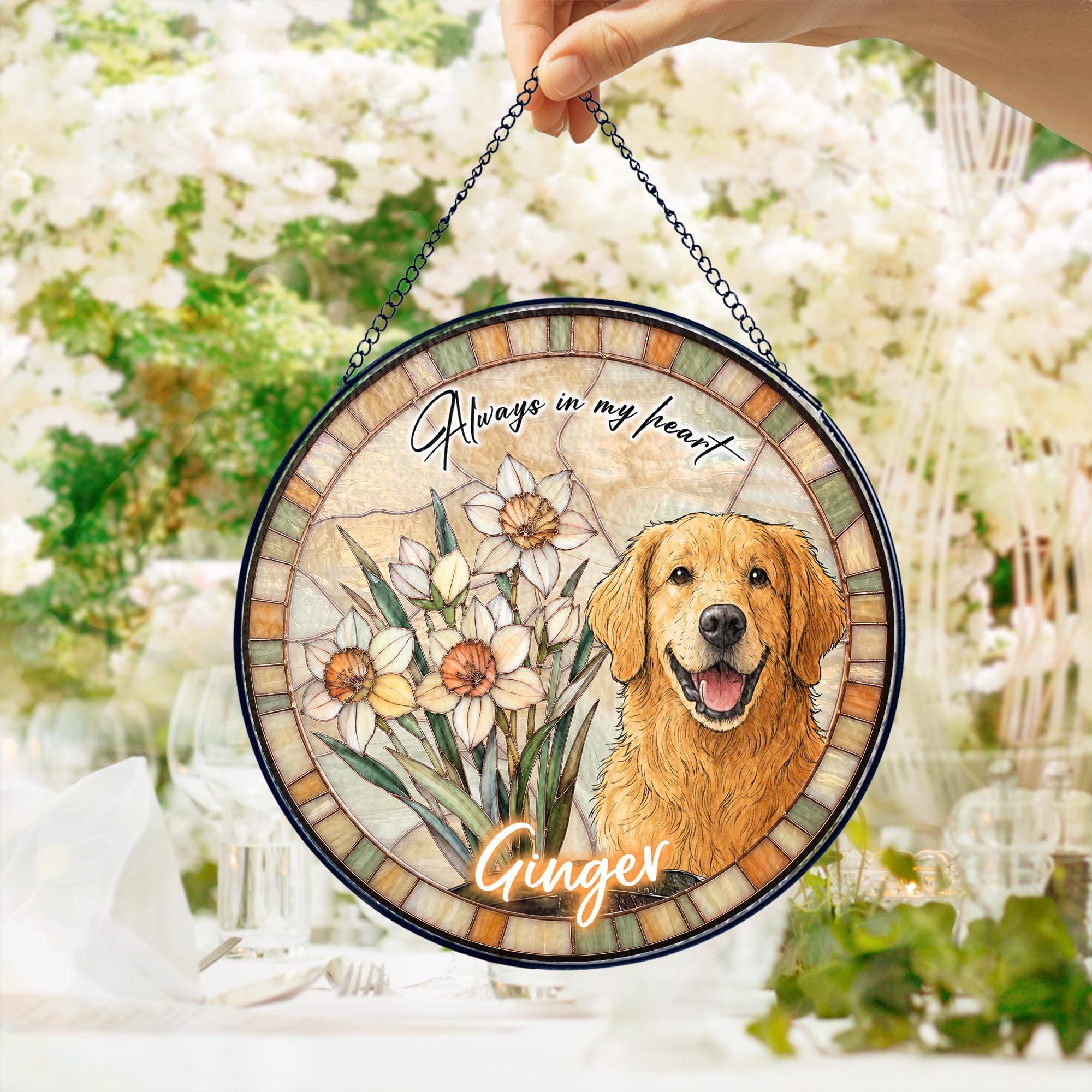 Custom Dog Portrait Stained Glass Suncatcher, Birth Month Flower Pet Memorial Gift, Personalized Dog Cat Photo, Floral Pet Window Hangings
