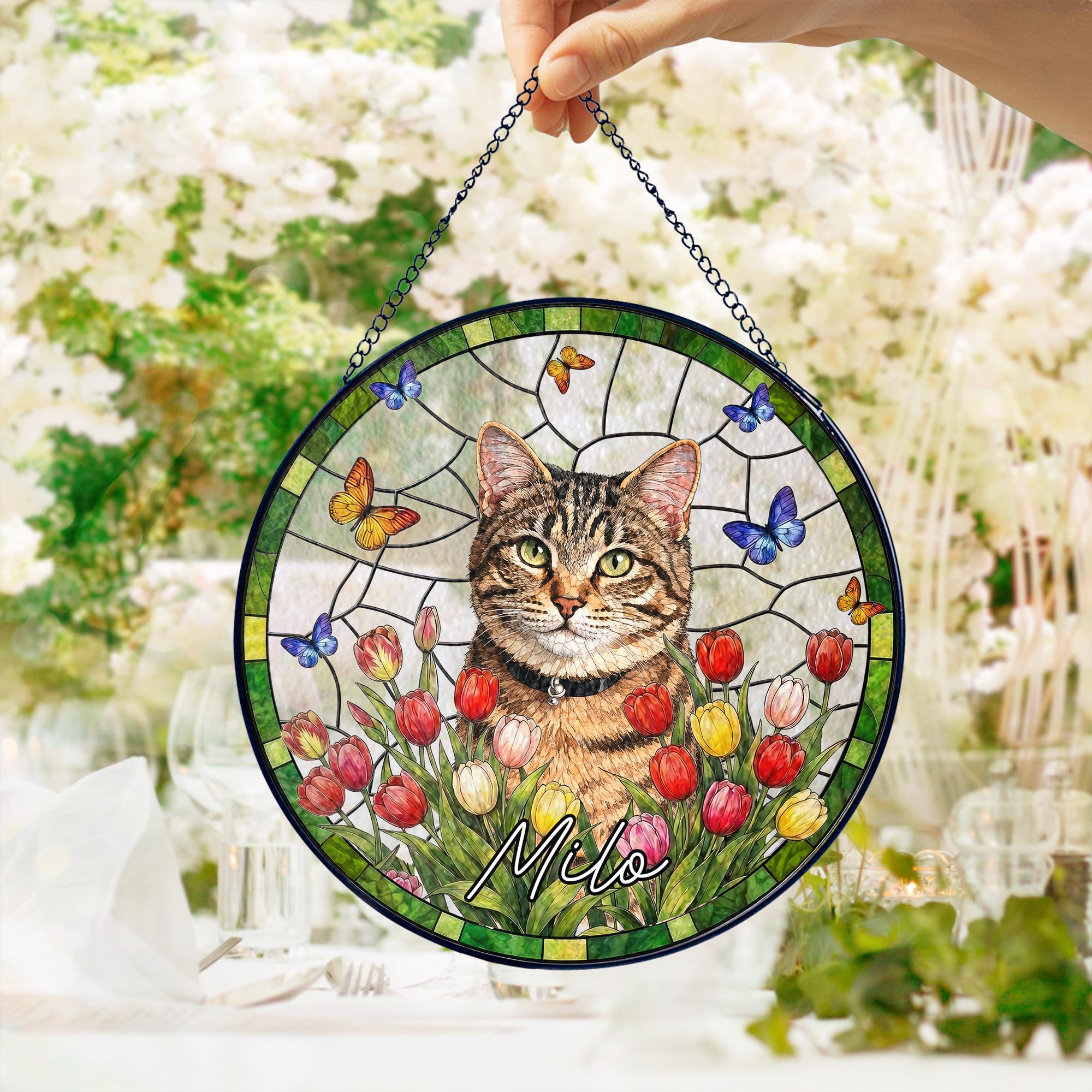 Personalized Pet Memorial Stained Glass Suncatcher, Custom Pet Portrait From Photo, Dog Cat Memorial Gift, Floral Butterfly Window Hangings