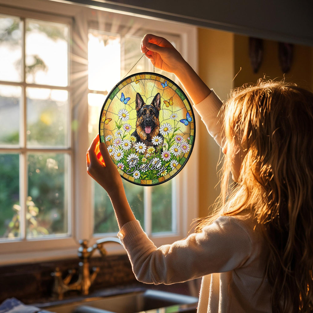 Personalized Pet Memorial Stained Glass Suncatcher, Custom Pet Portrait From Photo, Dog Cat Memorial Gift, Floral Butterfly Window Hangings