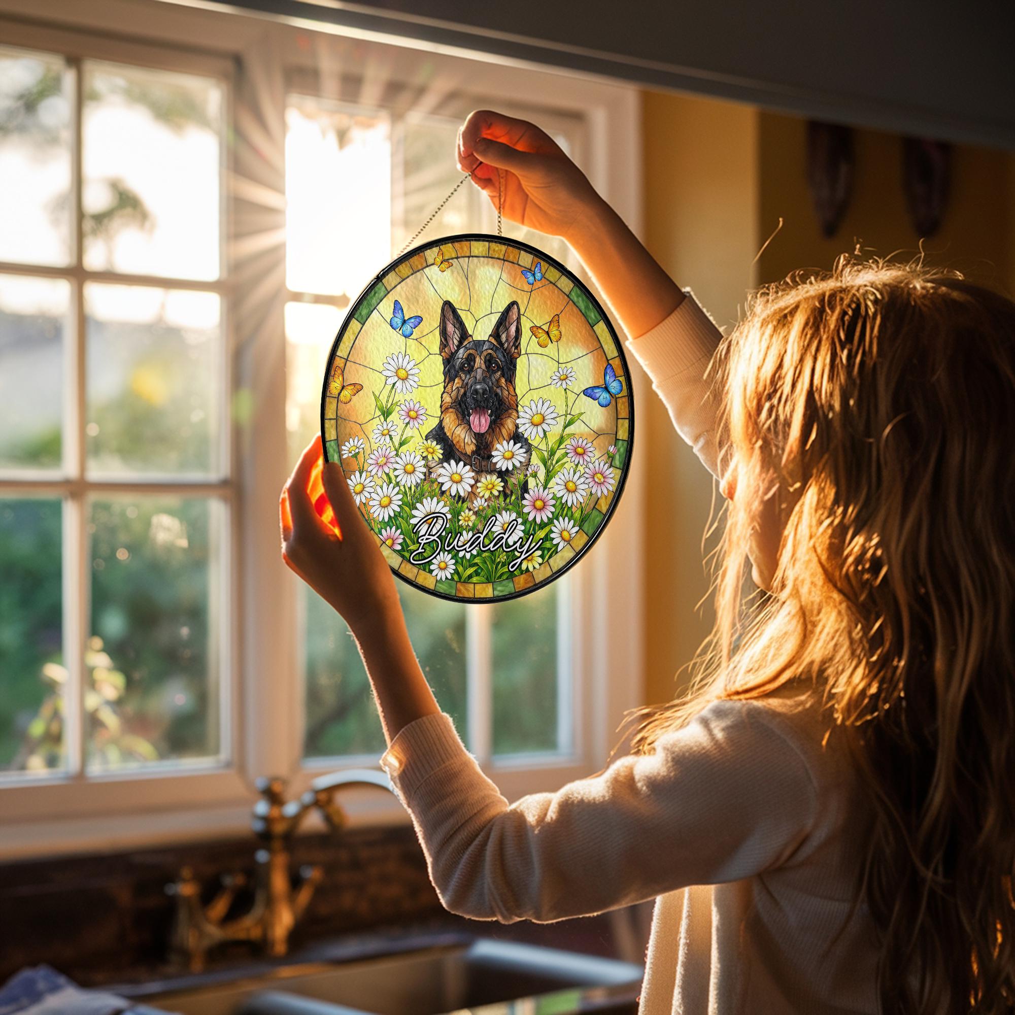 Personalized Pet Memorial Stained Glass Suncatcher, Custom Pet Portrait From Photo, Dog Cat Memorial Gift, Floral Butterfly Window Hangings