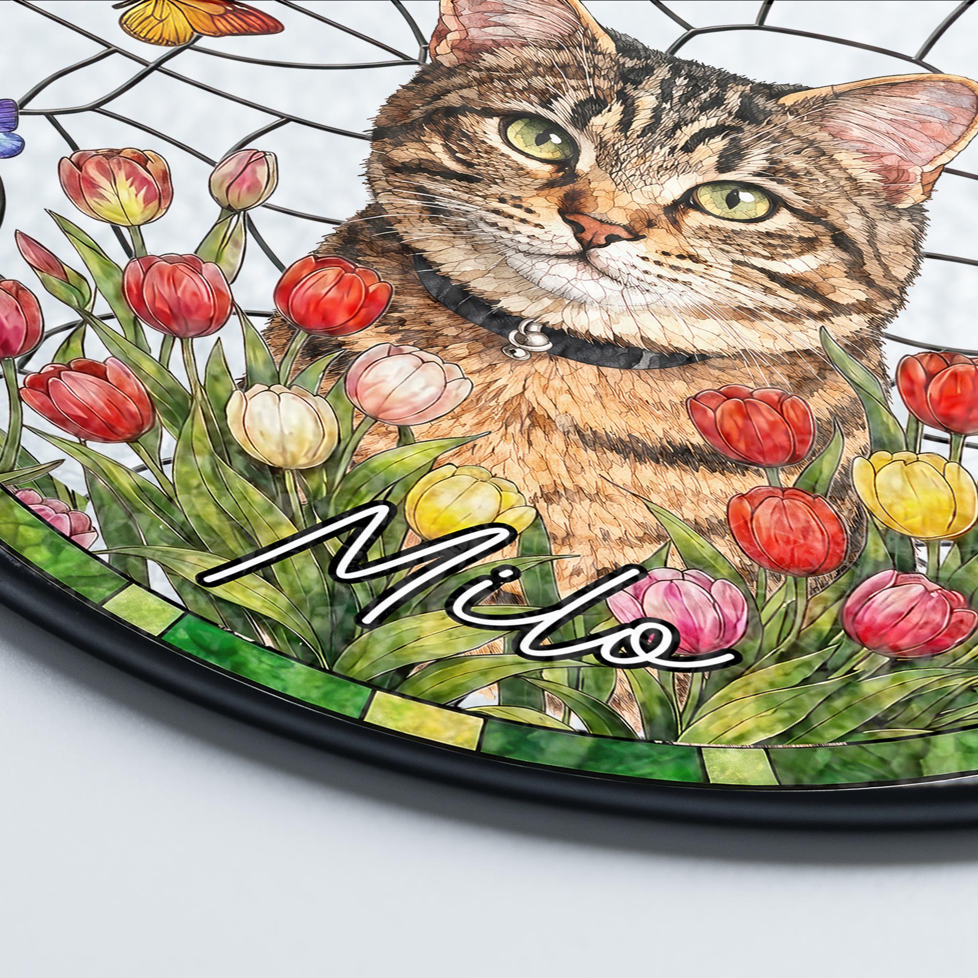 Personalized Pet Memorial Stained Glass Suncatcher, Custom Pet Portrait From Photo, Dog Cat Memorial Gift, Floral Butterfly Window Hangings