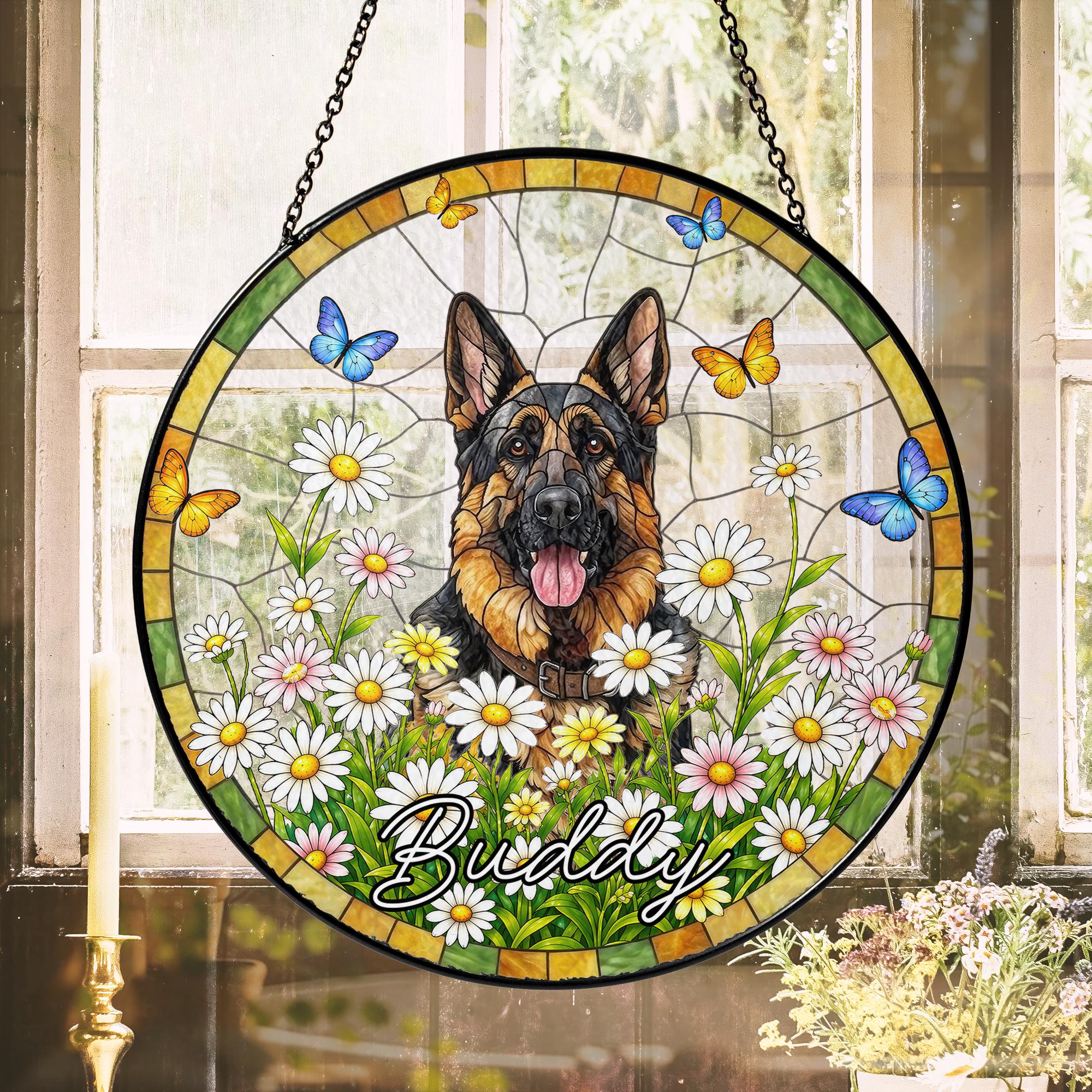 Personalized Pet Memorial Stained Glass Suncatcher, Custom Pet Portrait From Photo, Dog Cat Memorial Gift, Floral Butterfly Window Hangings